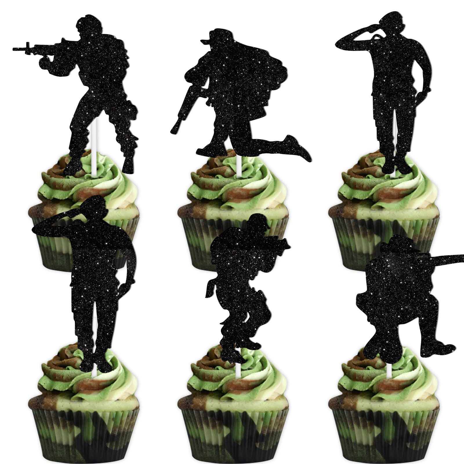 18pcs Black Glitter Silhouette Military Soldier Dessert Cupcake Topper for Army Navy Theme Decor Supplies Men Women Happy Birthday Party Decorations