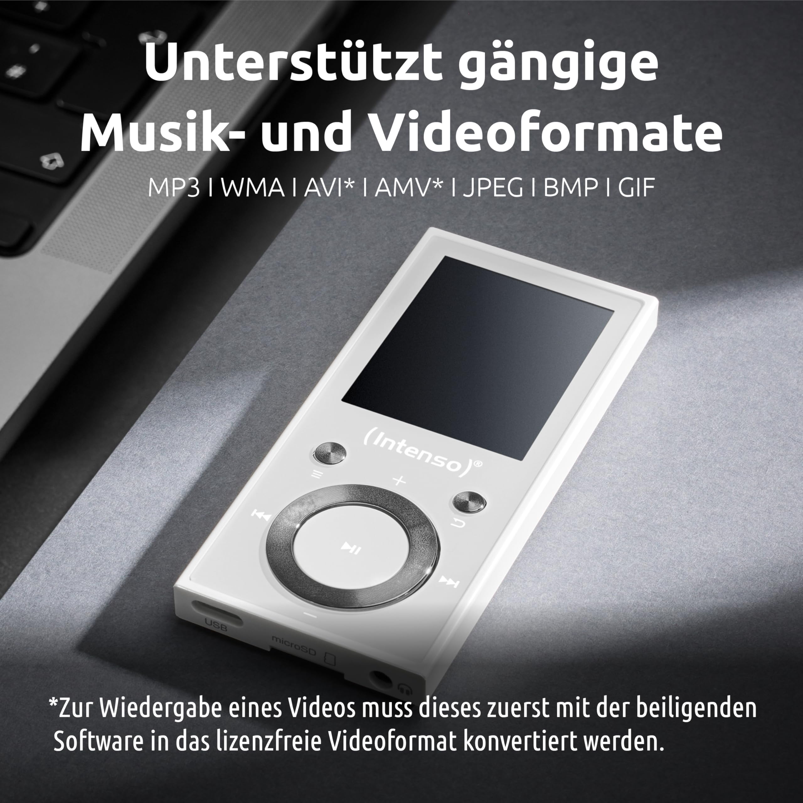 Intenso MP3 Player Video Scooter BT mit Bluetooth 5.0, 1,8 Zoll Farbdisplay, 16 GB microSD, USB-C, bis 18h Akku, inkl. Kopfhörer, weiß