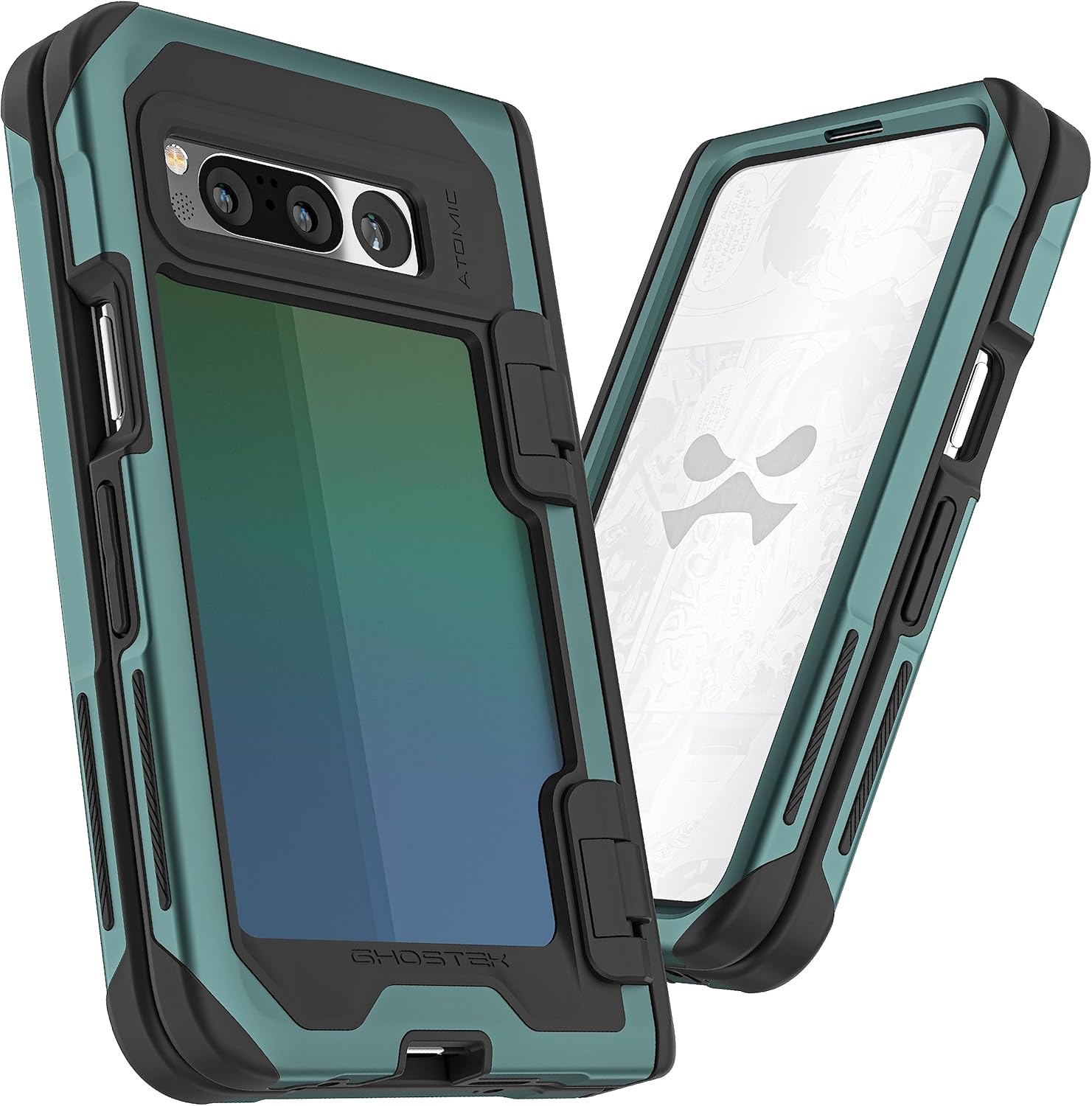Ghostek ATOMIC slim Pixel Fold Case Clear Back with Green Aluminum Metal Bumper Full