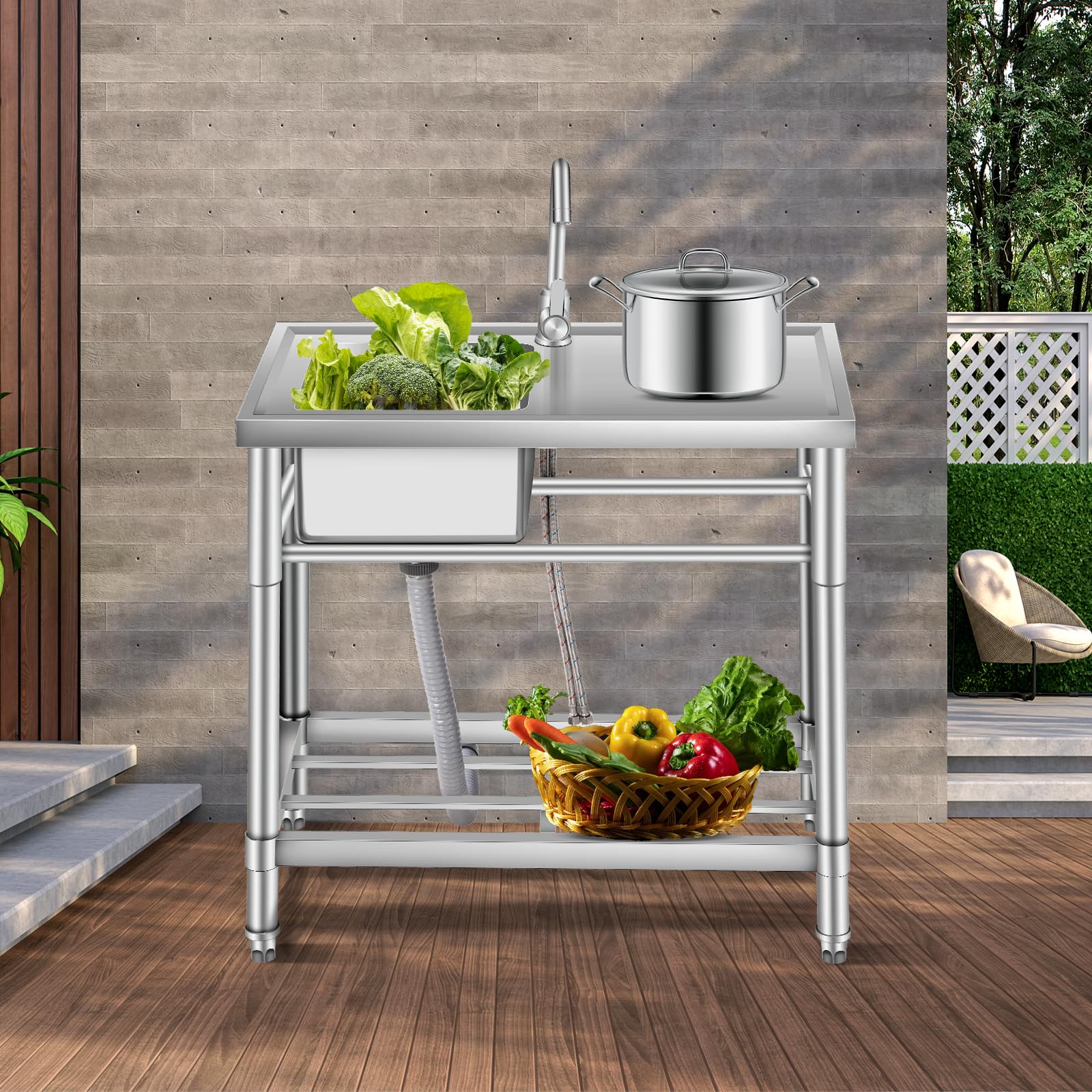 Garvee Évier Utilitaire Autoportant en Acier Inoxydable 30 Pouces, Mitigeur Chaud/Froid avec Plan de Travail Intégré et Étagère de Rangement, Évier Utilitaire Cuisine Garage Restaurant