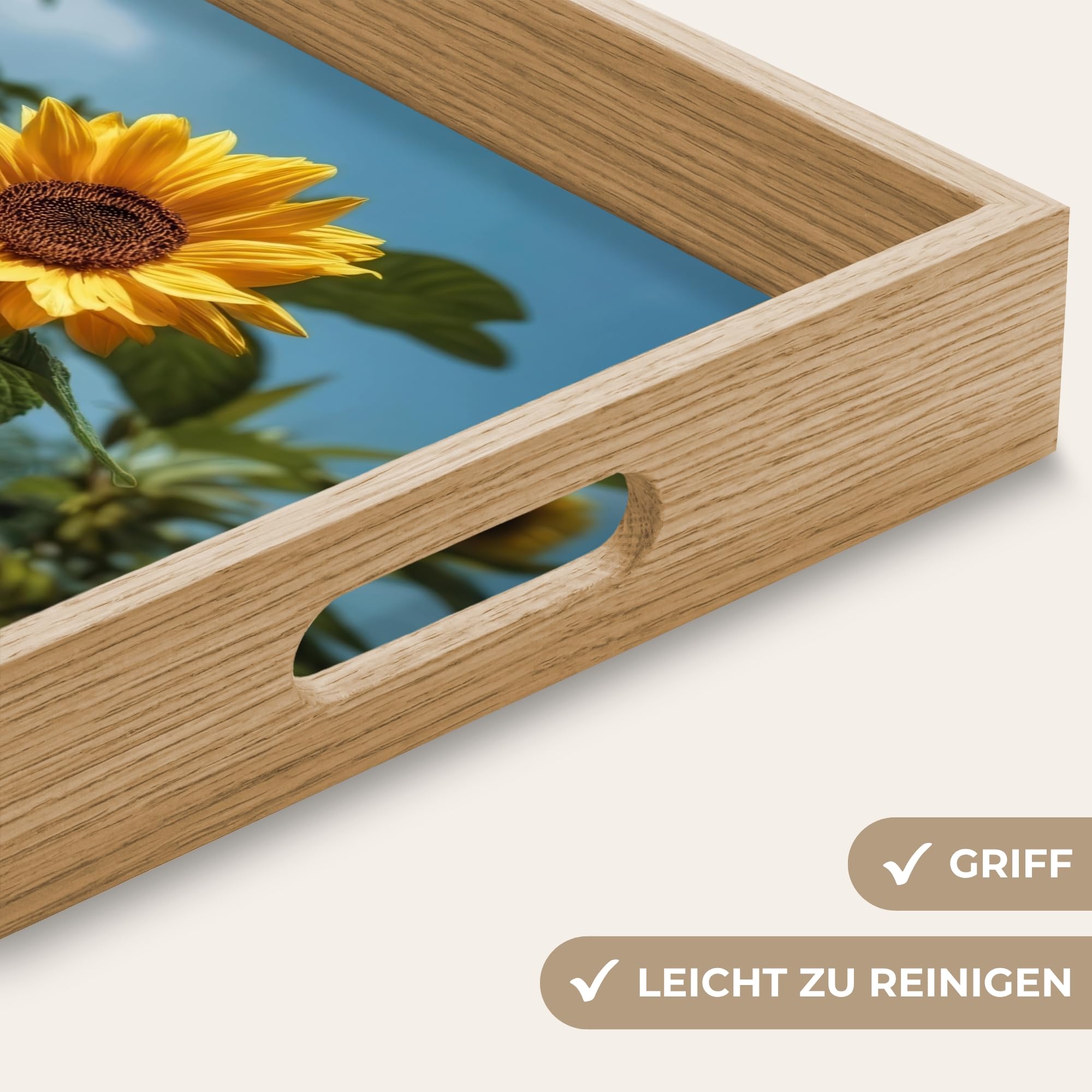 Tablett Rechteckig 40x30 cm Serviertablett rutschfest Griff Küchentablett Servierplatte Eiche Holztablett Henkel Hitzebeständig Sonnenblumen - Strahlend Blauer Himmel - Gras