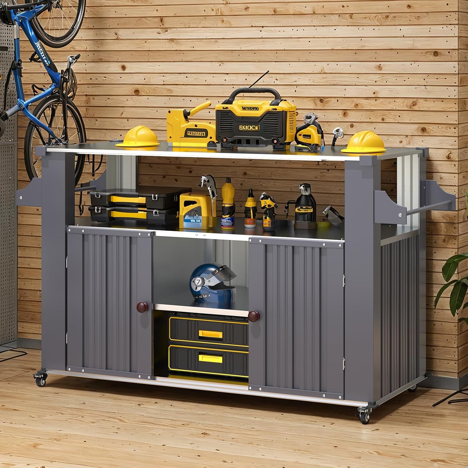 YODOLLA Outdoor Kücheninsel mit Rollen, Grillwagen mit Schrank, Grau