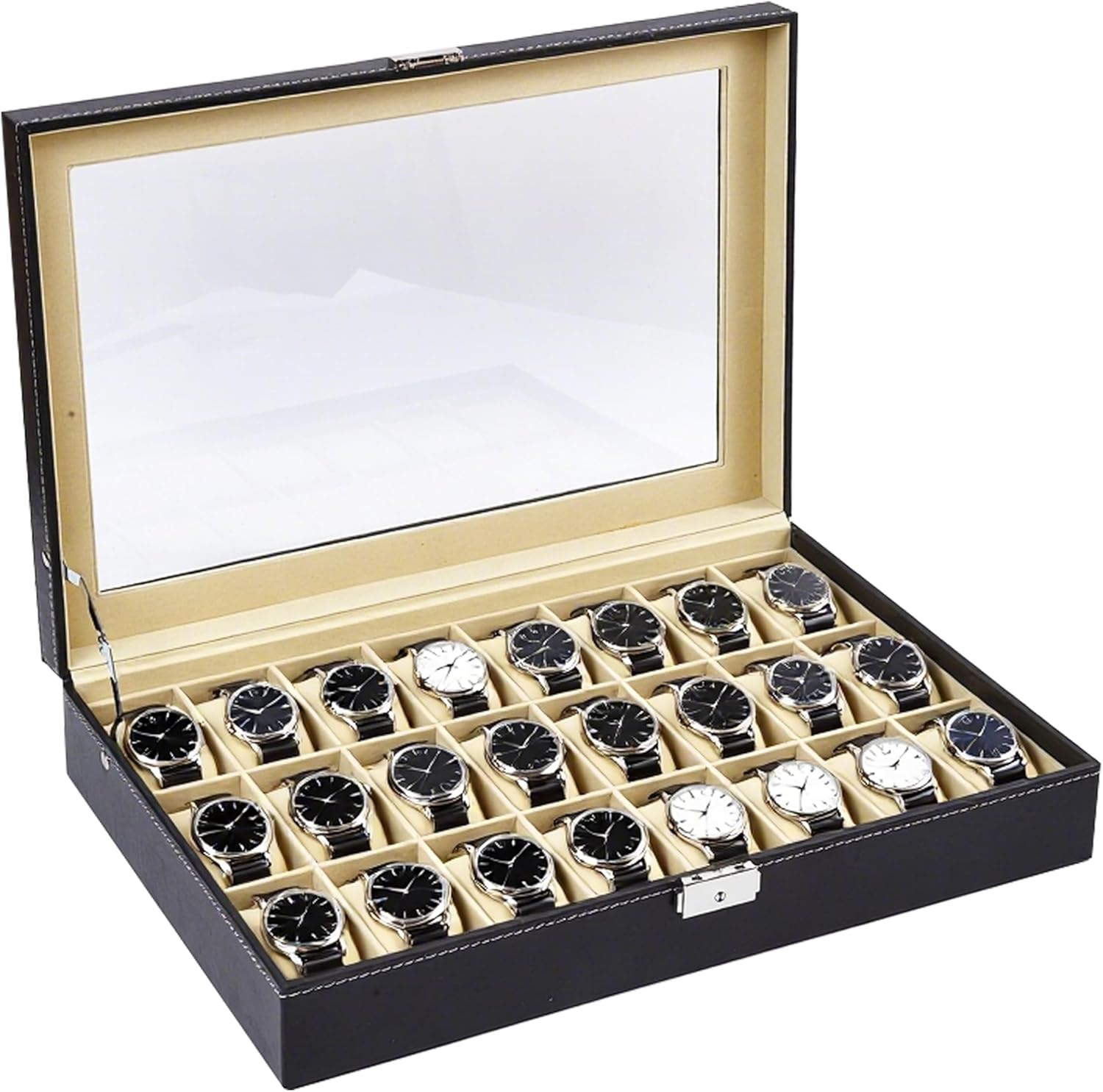 24-Slot Black PU Leather Watch Box, Watch Organizer with Clear Lid, Fits Various Watch Styles