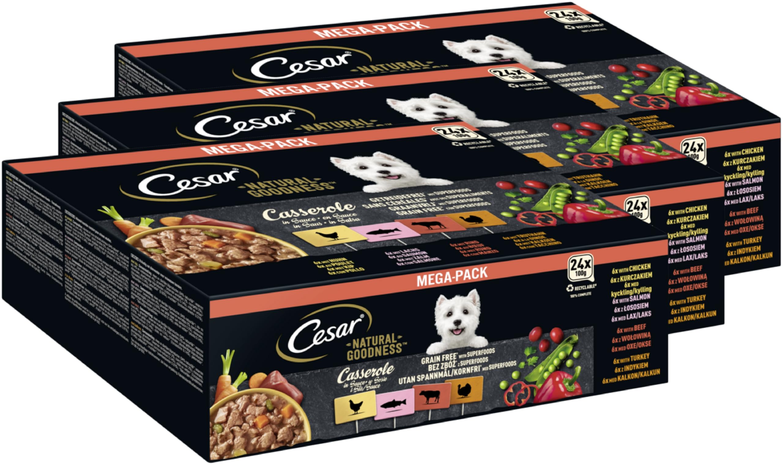 CESAR® Natural Goodness™ Schale Multipack Casserole in Sauce mit Superfoods 4 Varietäten 3 x 24 x 100g