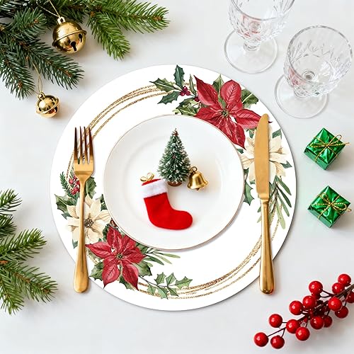 Miniatura 2 de Tarklanda Juego de 6 manteles individuales de Navidad, 13.4 pulgadas, redondos, lavables, de vinilo, manteles individuales de plástico floral para