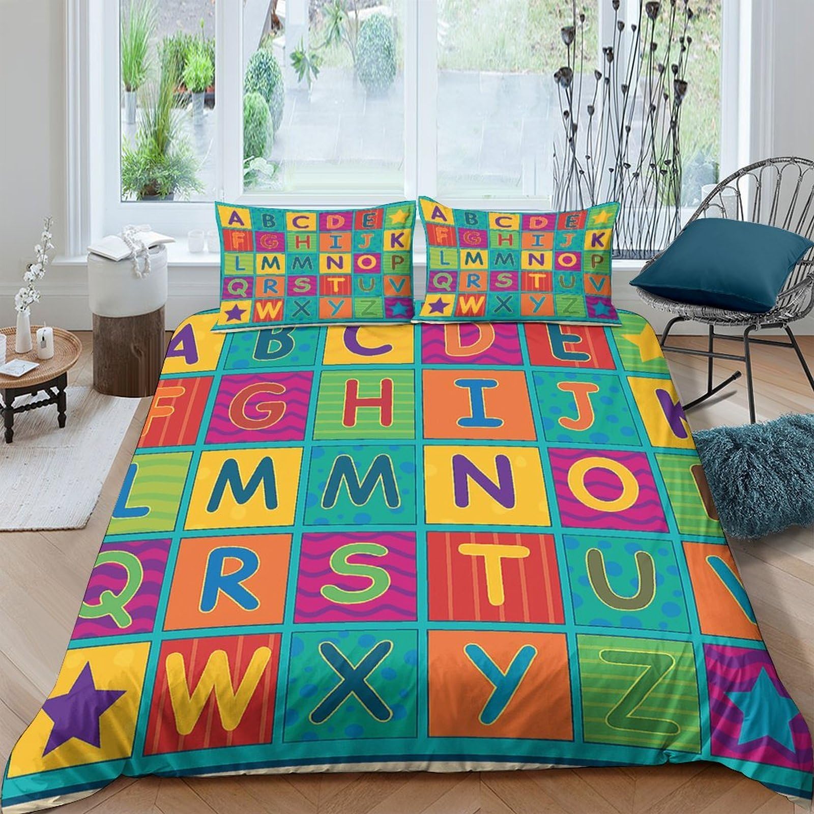 Ctjqhvkz Style-6 3D Printed Alphabet Blocks Fitted Sheet Microfiber Soft Colorful Letters Bed Cover For Bedroom Guest Room Decor Mattress Protection Single（135X200cm）