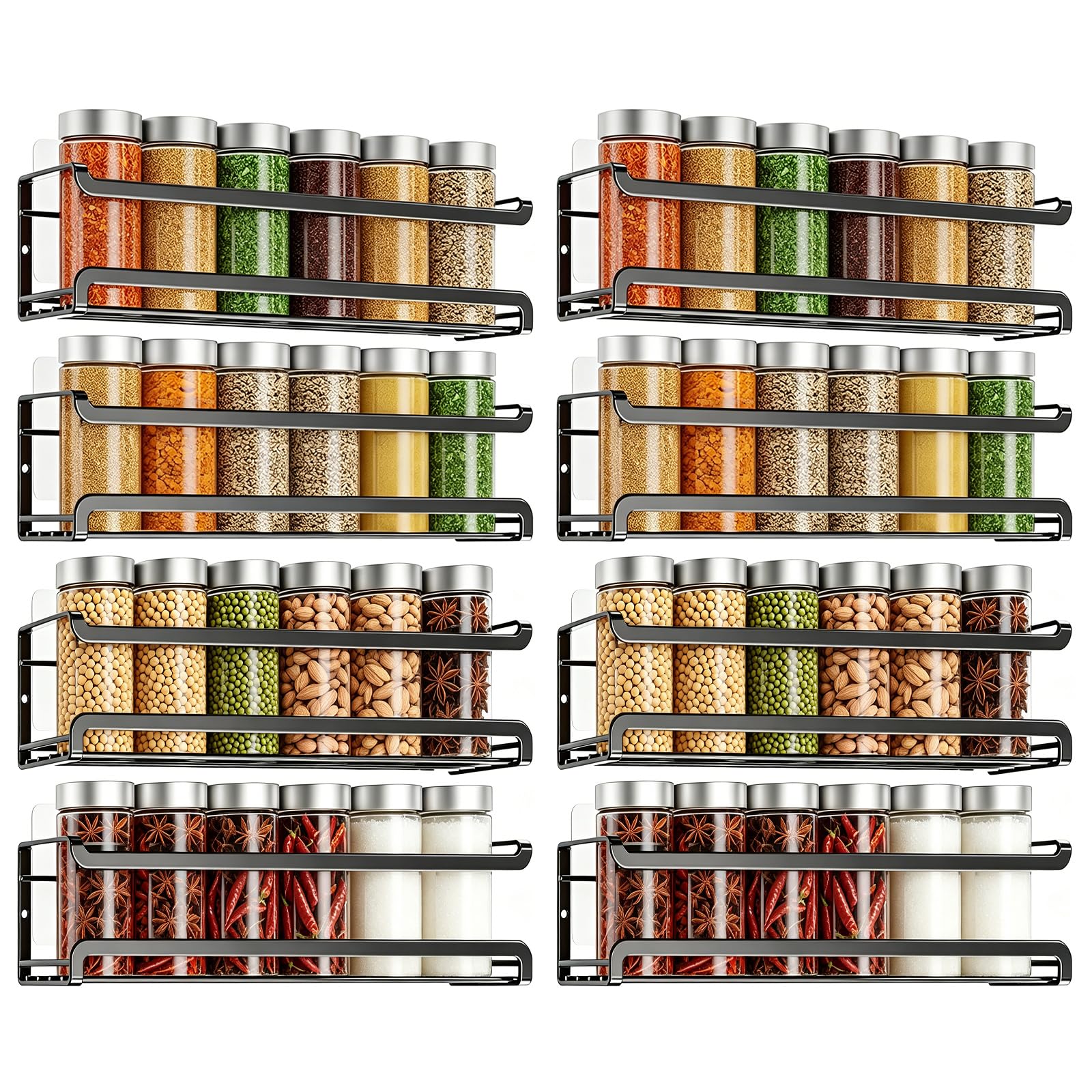 YOUNTHYE Paquete de 8 especieros montados en la pared, estante de especias para armario interior con 8 ganchos, calcomanías adhesivas y tornillos, para almacenamiento en puerta de cocina