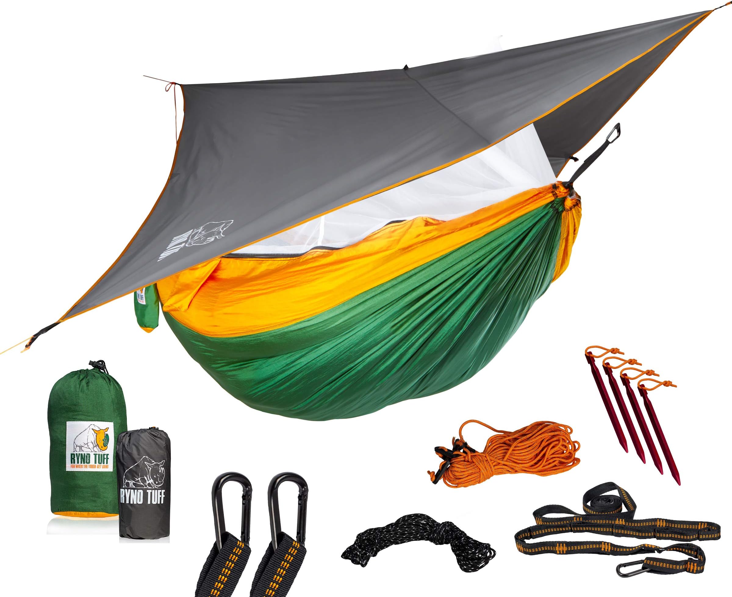 Ryno Tuff XL 2 Person Camping Hammock with Mosquito Net & Rain Fly - Compact Double Hammock with Bug Net, Tarp, Pocket, Tree Straps & Heavy Duty Carabiners - Parachute Grade Nylon Holds Over 600lbs