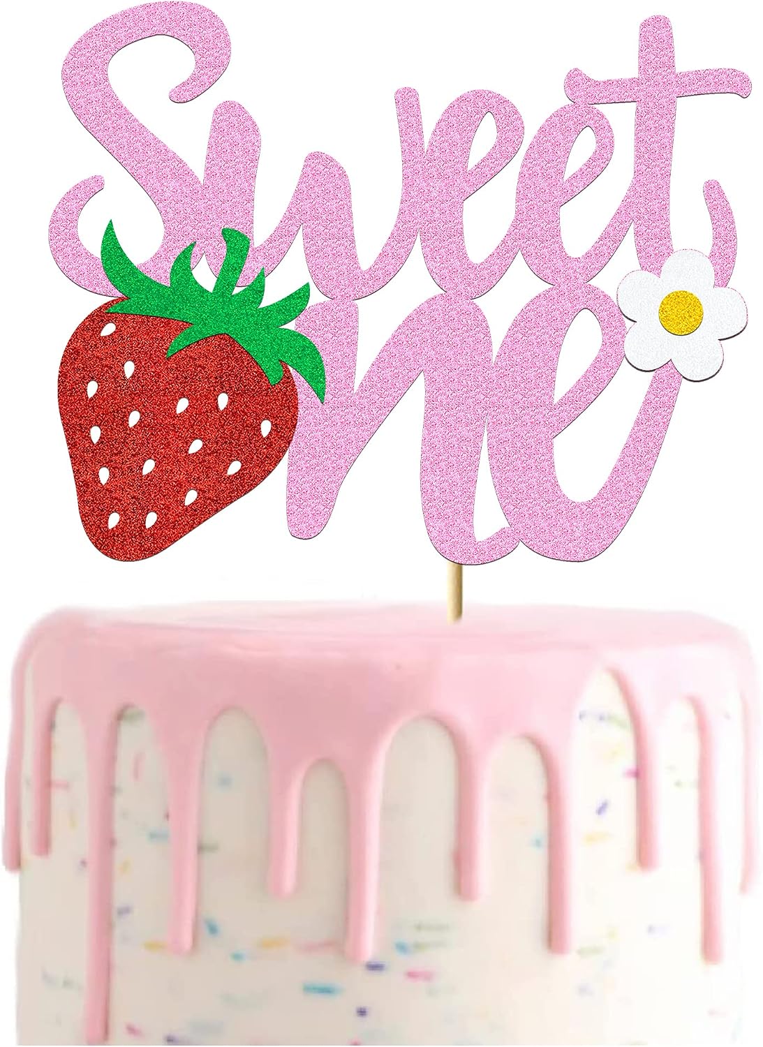 Vivicraft Strawberry Sweet 1st Birthday Cake Topper, Glitter Paper, 6.3 x 5.1 inches, for Baby Shower Party Supplies