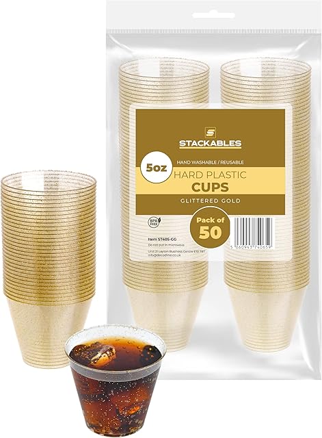 STACKABLES ~ 50 Pack Small 5oz (140ml) Gold Glittered Dessert Cups ~ Small Hard Plastic Clear Shot Glasses with Gold Glitter ~ Reusable Dessert Tumblers for Wedding & Parties