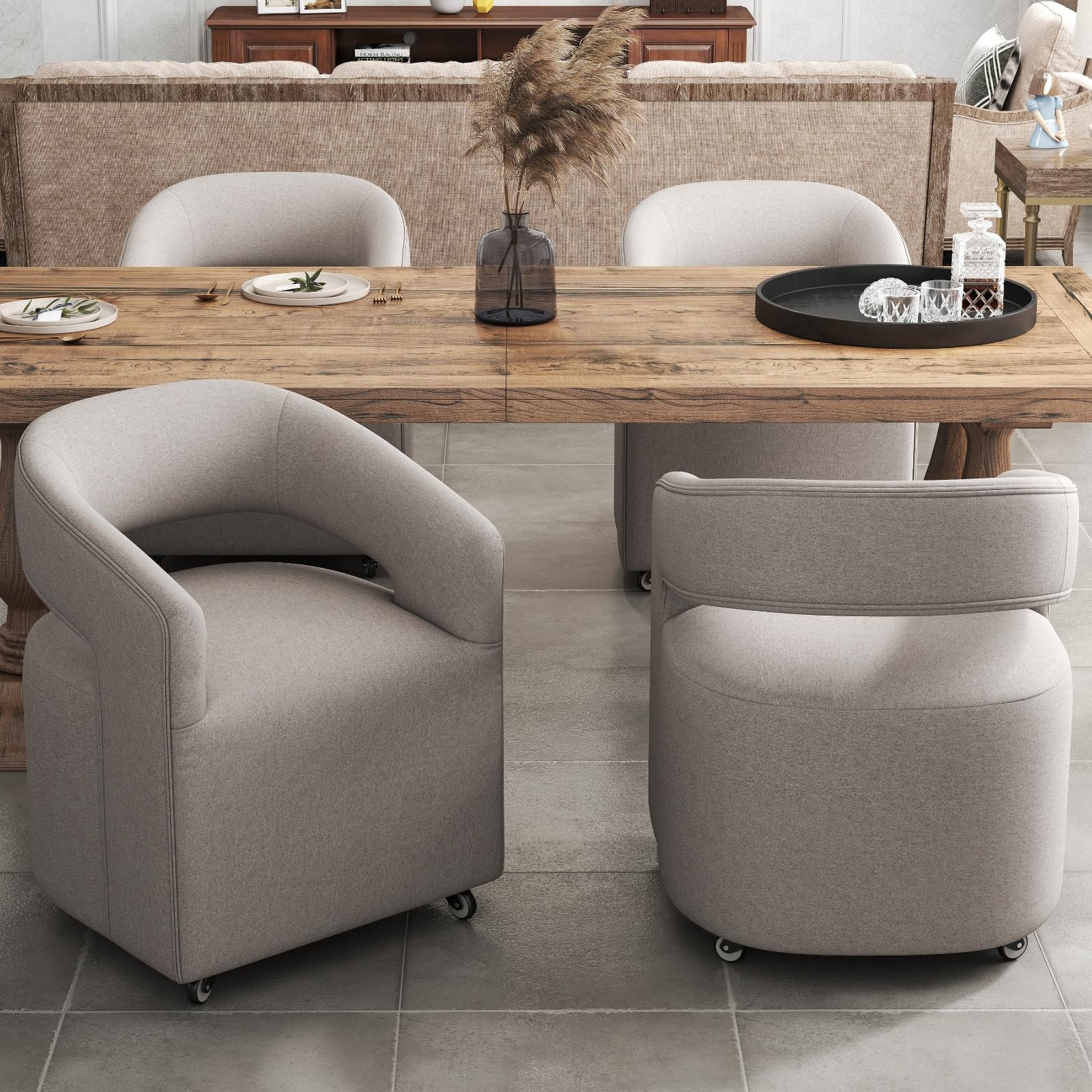 DUOMAY Modern Upholstered Dining Chairs with Swivel Casters - Set of 2 - Contemporary Linen Barrel Back Accent Side Chair Desk Chair for Dining Room