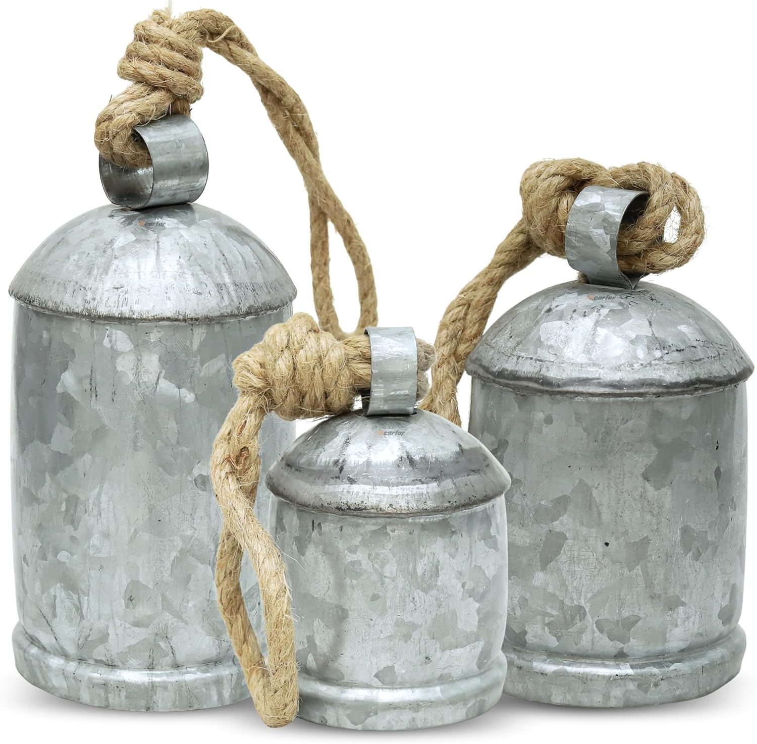 Set of 3 Galvanized Metal Hanging Bells – Rustic Farmhouse Decor with Jute Rope | Vintage-Style Cowbells for Porch, Wall, Garden, or Holiday Display