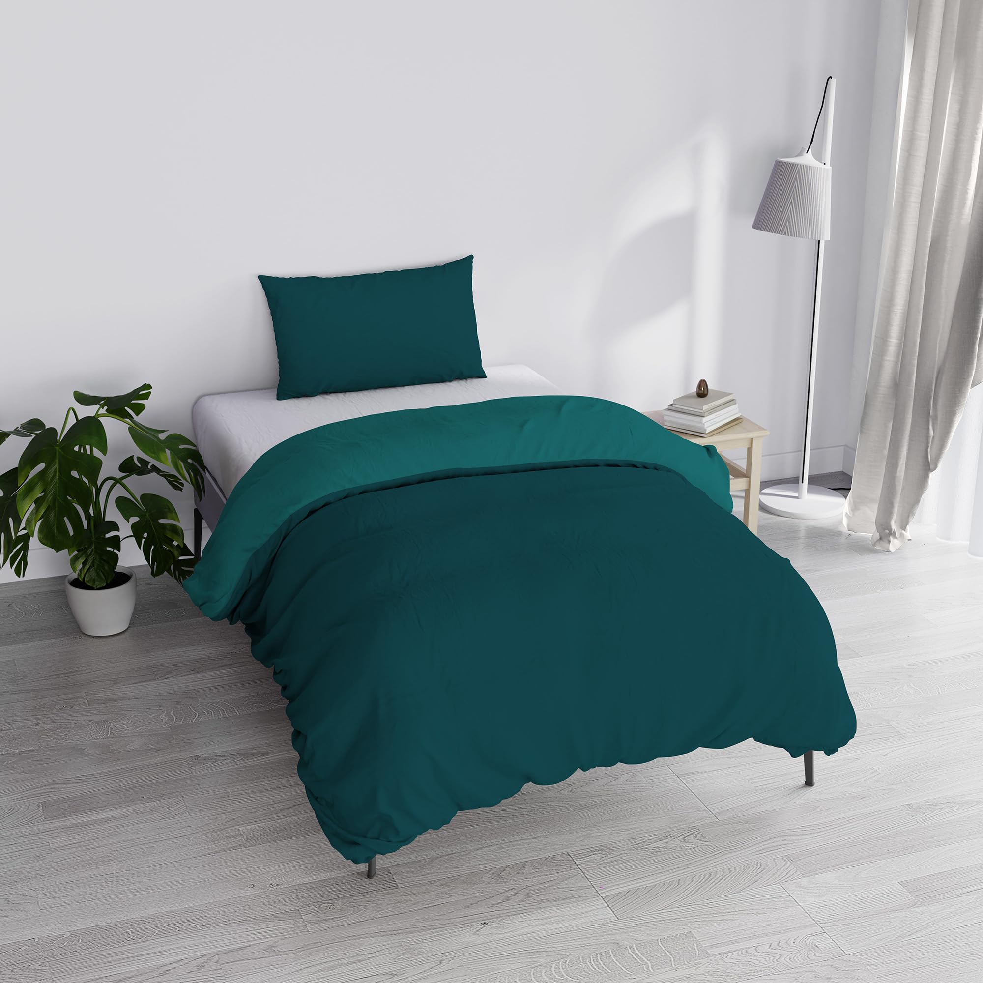 Set Copripiumino 100% Cotone Natural Color, Made in Italy - Parure Copri Piumino - Sacco Piumone 200x200 cm con Doppia Patella e Federa Cuscino, Piazza e Mezza, Verde Petrolio/Verde Bottiglia