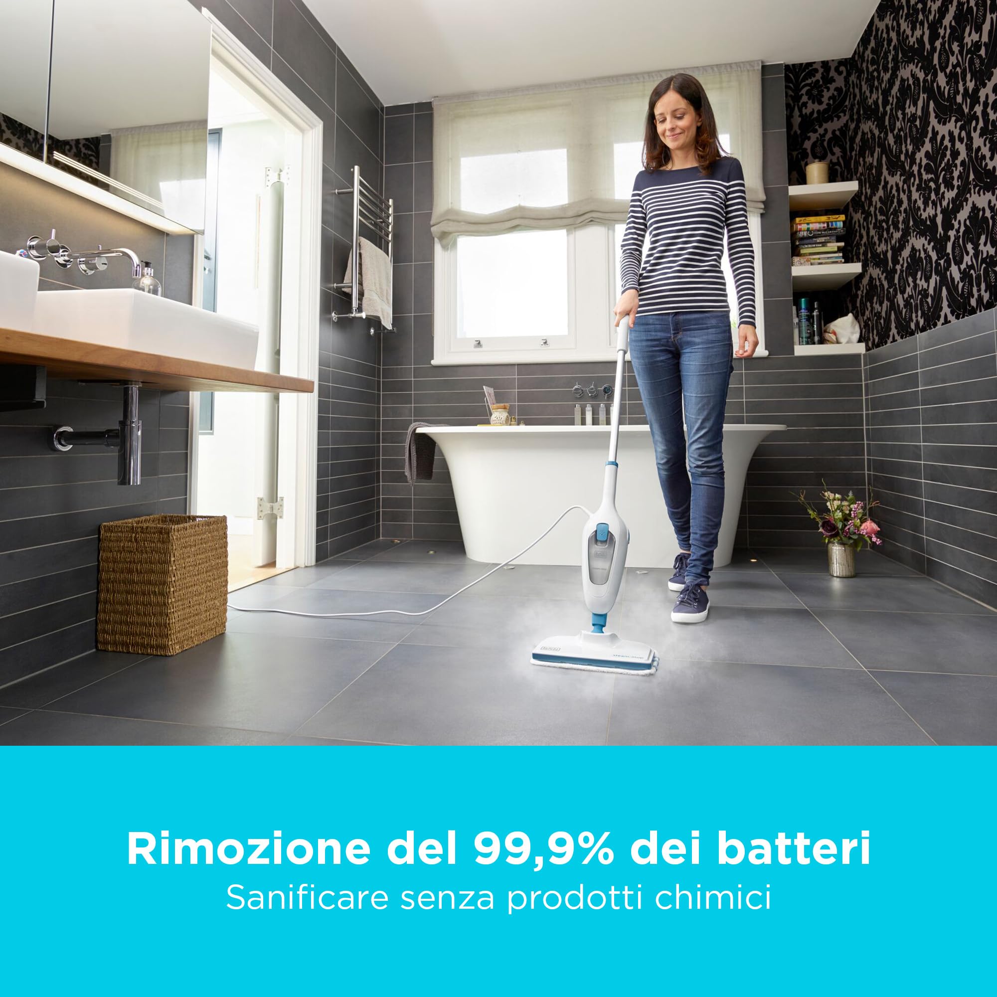 BLACK+DECKER Scopa a vapore 2 in 1 con pulitore portatile multifunzione con 5 accessori, FSMH13E5-QS