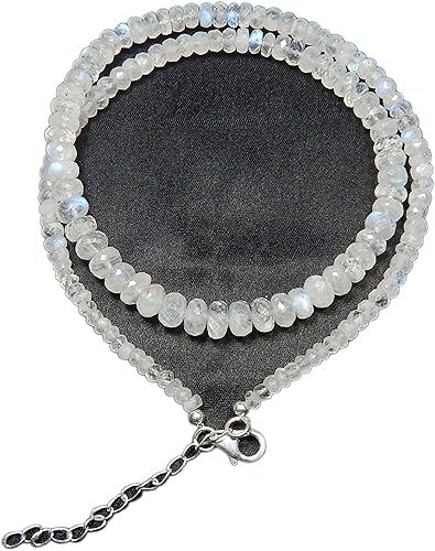Myhealingworld Cuenta de piedra lunar arcoíris de fuego azul natural de 0.079 a 0.197 pulgadas de piedra preciosa facetada de 16 pulgadas con collar