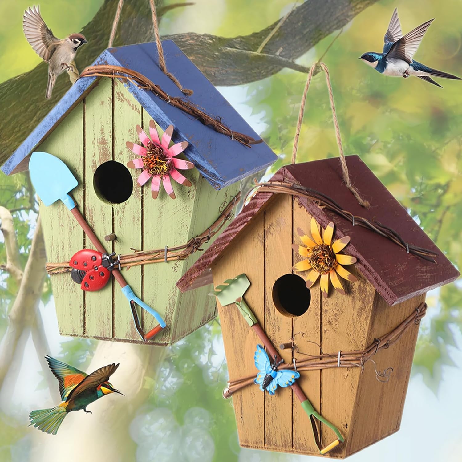 2 Pcs Decorative Birdhouse for Outdoor Hanging - Solid Wood Bird House Outside, Rustic Vintage Style, Garden Decor & Gift for Bird Lovers, Bluebird, Tree Swallow & Chickadee Enthusiasts