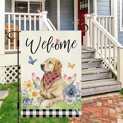 Miniatura 3 de DLZDN Bandera de jardín con diseño floral de mariposa para perro, bandera de jardín de 12 x 18 pulgadas, diseño de búfalo a cuadros de doble cara
