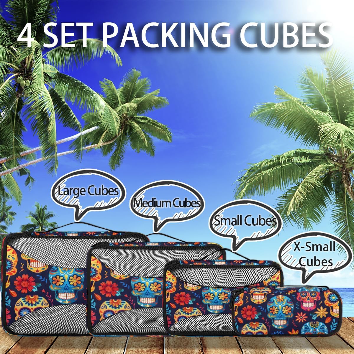 Colorful Skull Daisy 4 Set Packing Cubes Packing Cubes for Women Lightweight Travel Essential Bag Clothes Carry on Suitcase Bags for Accessories Essentials