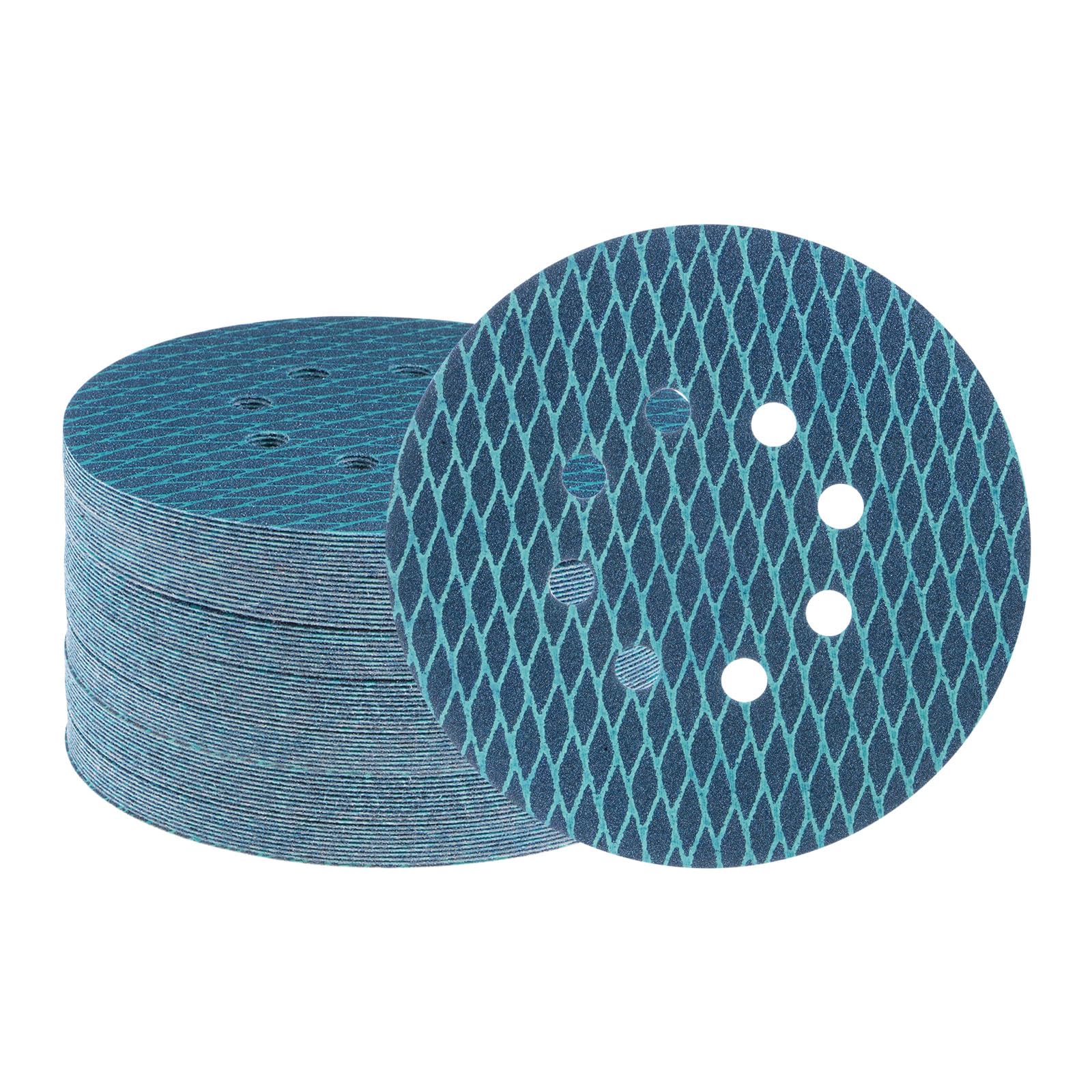 QUARKZMAN 70uds Diamante Forma Lijado Discos 6 Pulgada 100 Grano Gancho y Bucle Azul Rombo Lija Papel Pescado Escala 8 Agujeros Lijadora Acabado Discos, Húmedos y Secos Pulido
