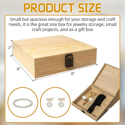 Miniatura 2 de Caja cuadrada de madera plana sin terminar de 8 x 8 x 2 pulgadas para bricolaje manualidades y almacenamiento caja de madera con bisagras duraderas