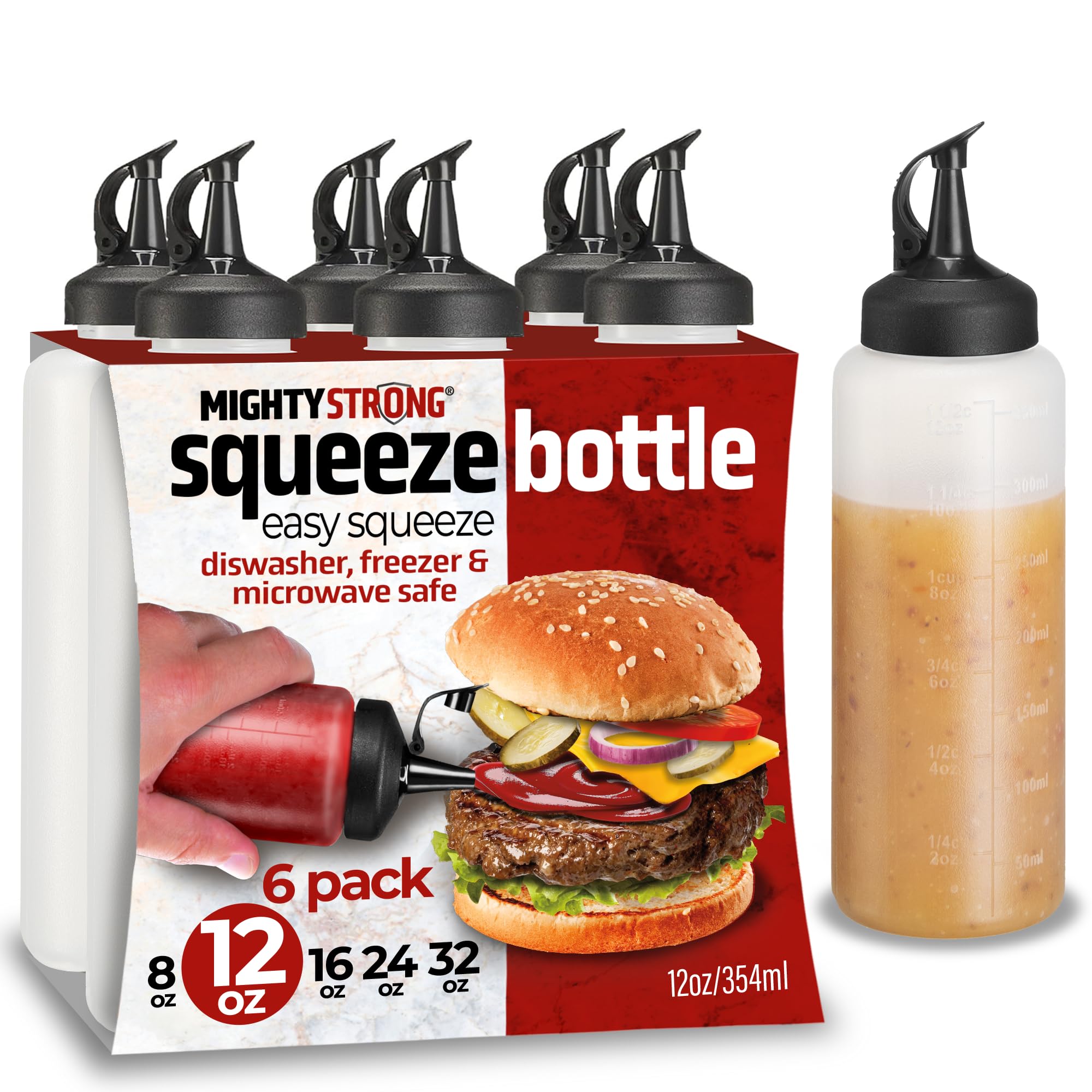6 Pack Squeeze Bottles for Sauces & Liquids - 12 Oz Easy Pour, Leak Proof Snap Cap Condiment Bottles