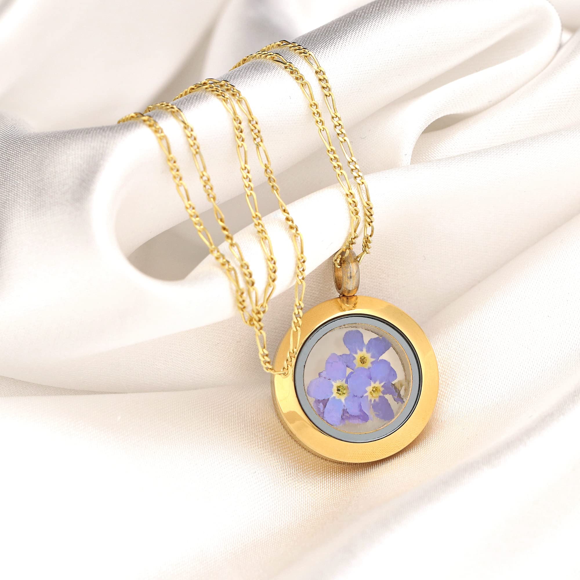 MadamLili 925 Sterling Silber Medaillonkette für Frauen, Gold Vergoldet | Echte Vergissmeinnicht-Blüten aus Berlin, Handgefertigt, Erinnerungsstück, Symbol für Liebe & Treue