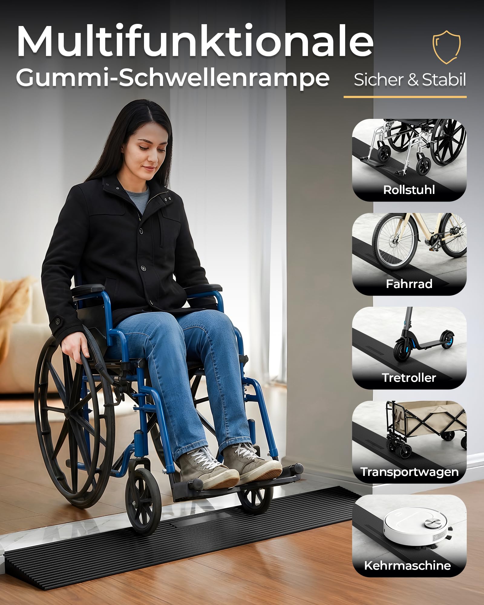 FACHNUO Gummischwellenrampe, 1,5 cm Höhe, 90 cm Breite, 1500 kg Tragfähigkeit, verstellbare und zuschneidbare Rollstuhlrampe für Türschwellen, Bordsteine, Badezimmer, Scooter und Kehrgeräte
