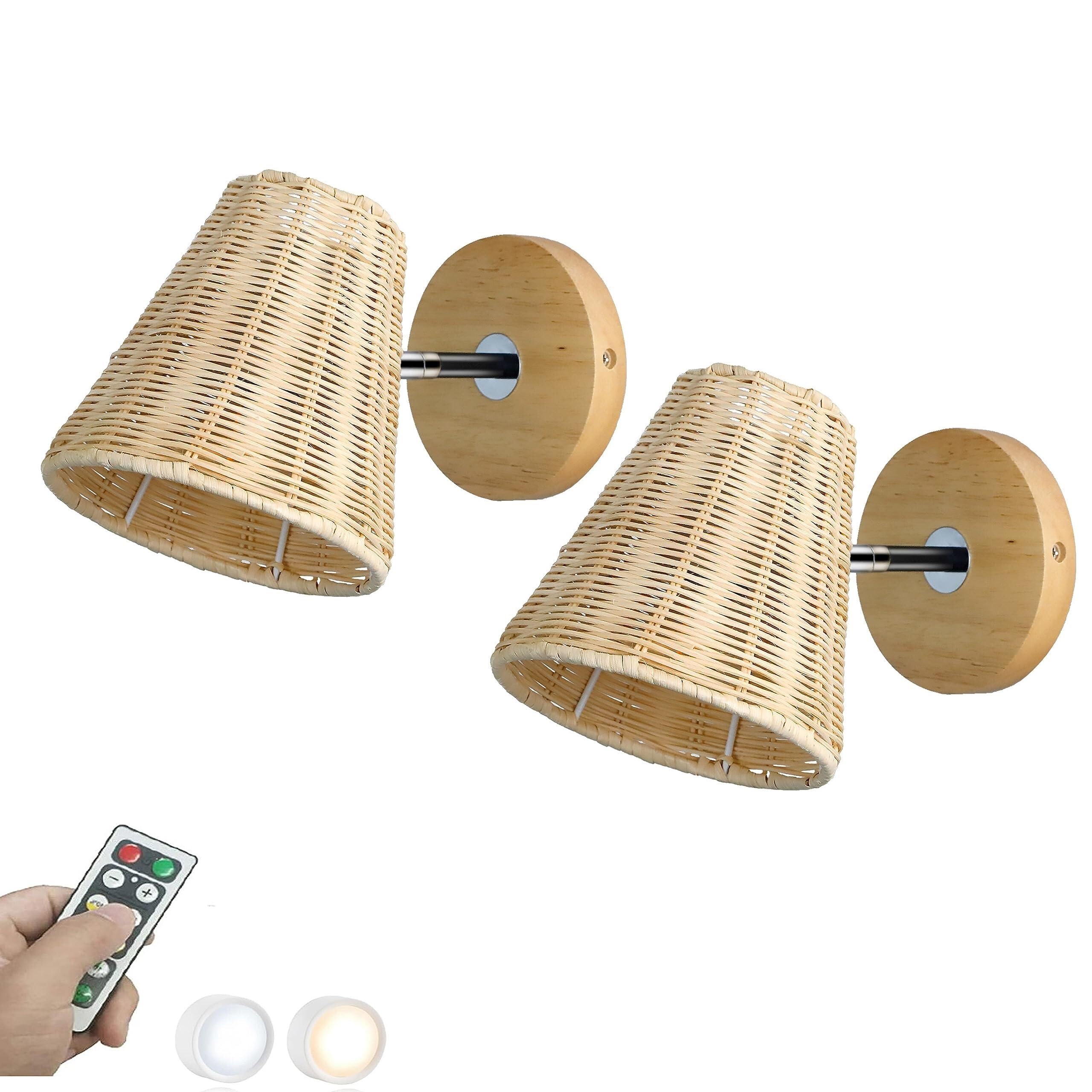 AWEITG Battery Operated Wall Sconce Set of 2 - Dimmable Rattan Shade Wireless Wall Lamp with Remote Control for Indoor Lighting