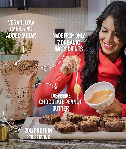 Miniatura 3 de Truvani Proteína vegana de guisantes en polvo  Mantequilla de maní de chocolate  0.71 oz de proteína orgánica a base de plantas  10 paquetes de