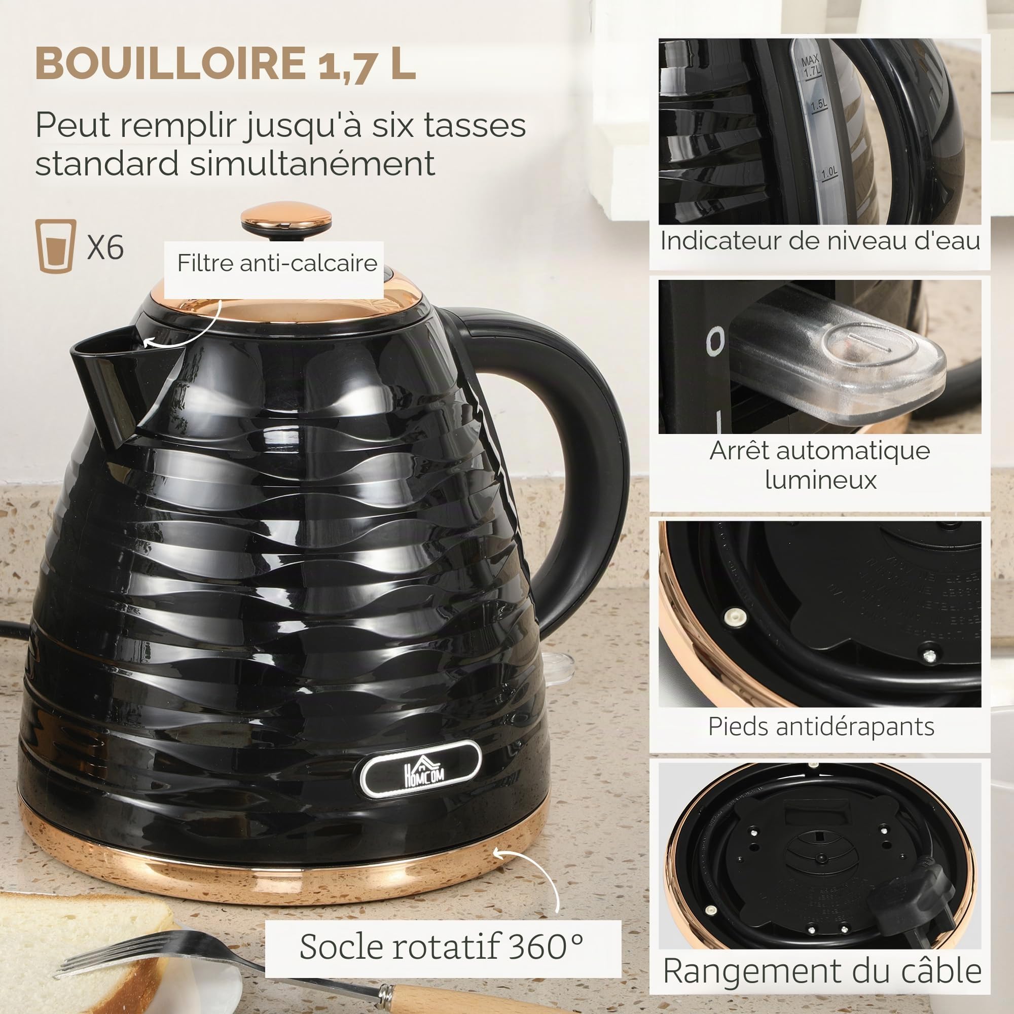 HOMCOM Bouilloire Grille-pain Set petit-déjeuner avec bouilloire de 1,7L, grille-pain 4 tranches, 2200 W, 7 niveaux de brunissage, décongélation, réchauffage et compartiment à miettes, thermostat