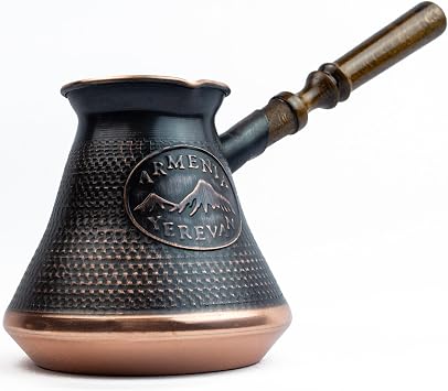 Handmade Armenian Coffee Pot Maker 15 Fl Oz - Copper Jazva Ararat Turkish Arabic Greek Cezve Jezve Ibrik Turka Jazve Wooden Handle 5 cup 15 US fl.oz Brown