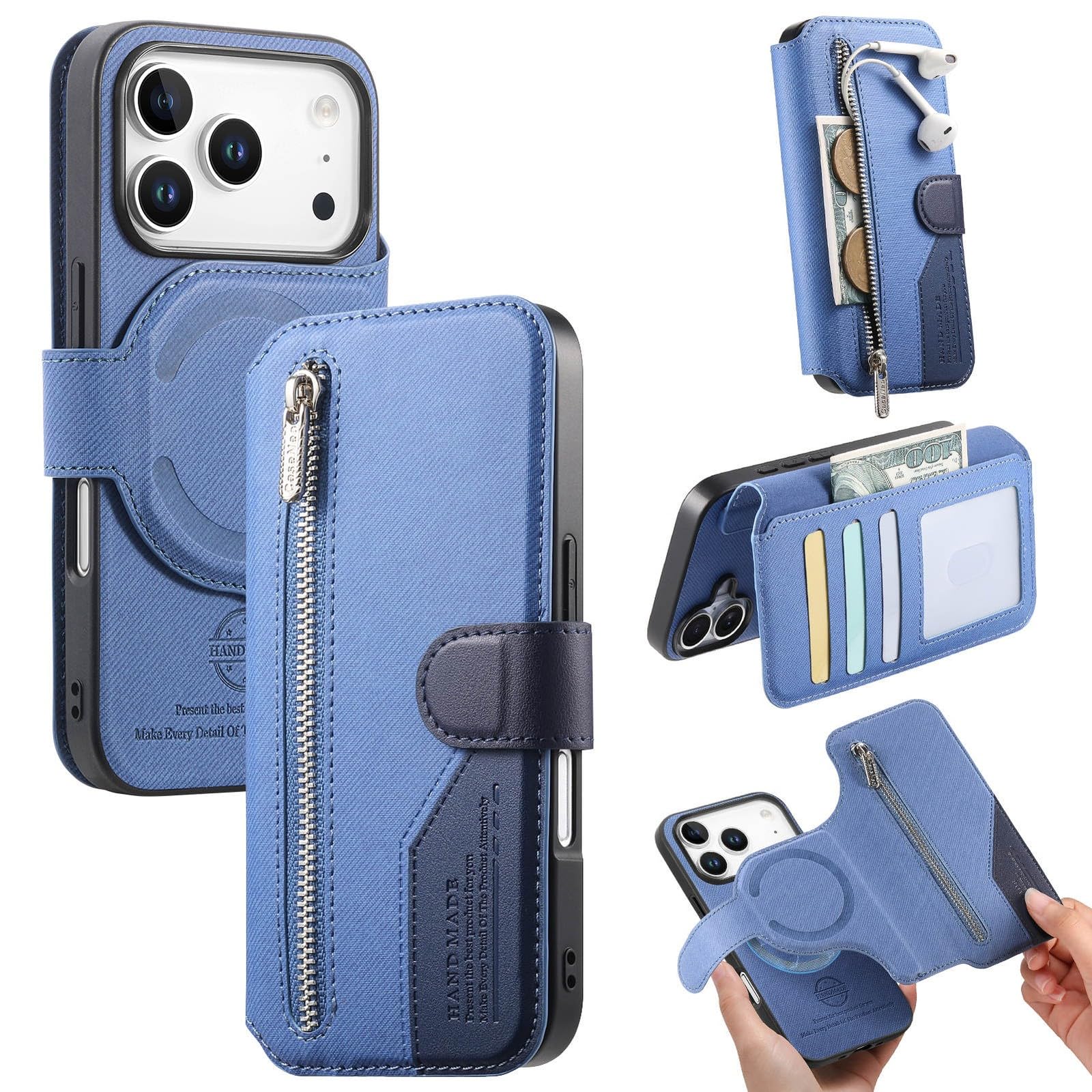 Étui en cuir bleu iPhone 16 avec compartiment zippé de haute qualité - 8