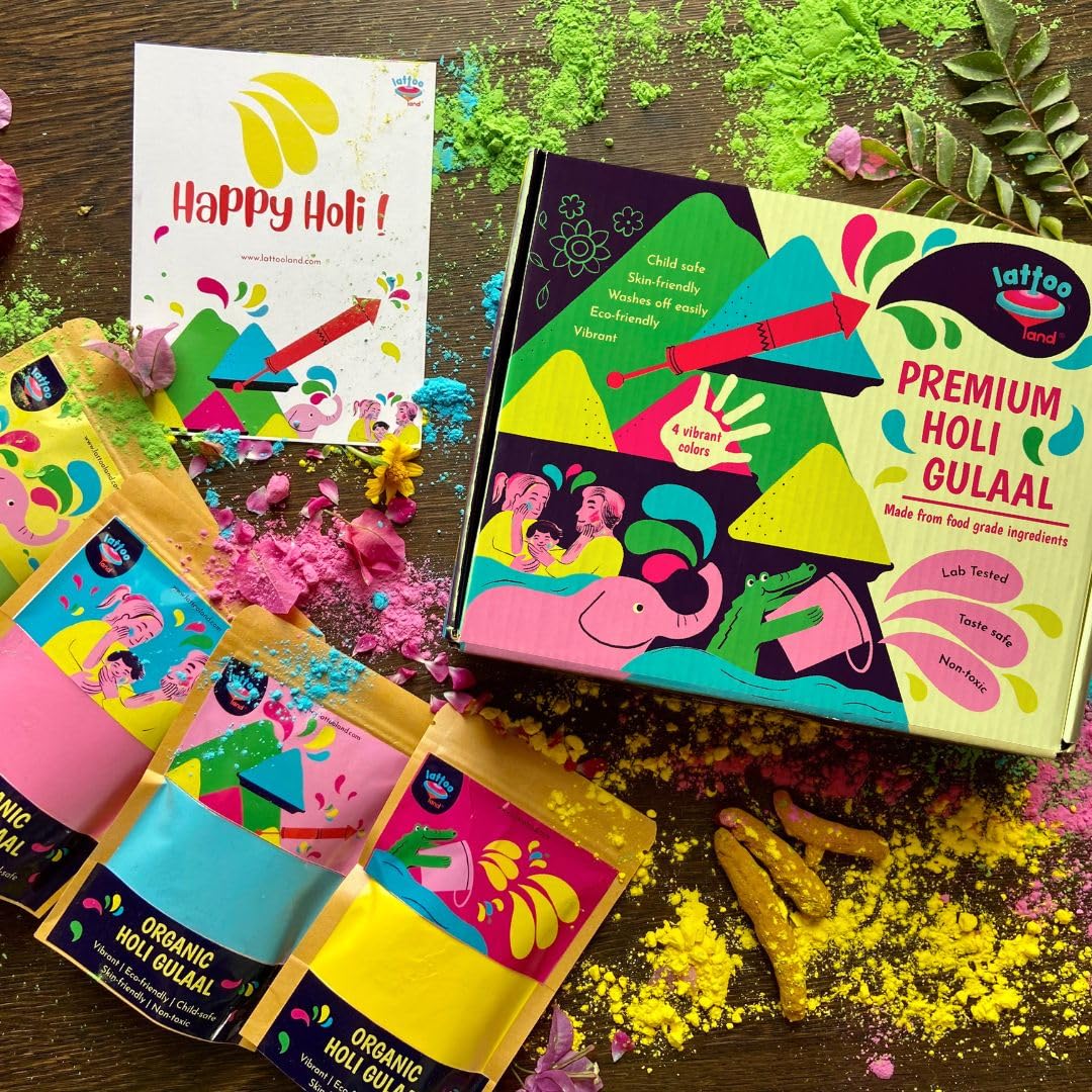 LattoolandNatural Holi Gulaal Combo Pack of 4 Colours 80g Each | Child-Safe | Lab-Tested |Non-Toxic Colours| Gift Holi Color Powder Set | Eco-Friendly and Washable Gulal |Skin Safe Holi Colors