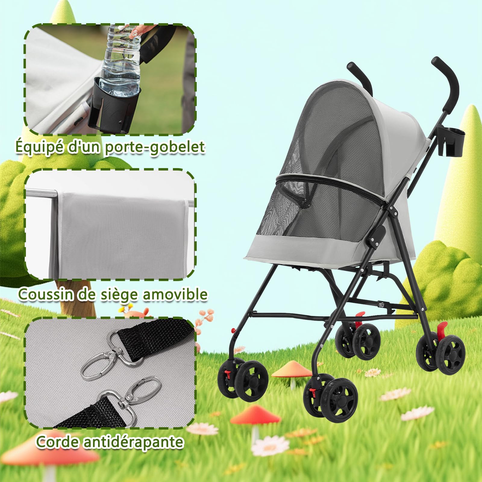 Homewell Składany wózek dla psa i kota, wózek dla zwierząt z uchwytem na kubek i uprzężą bezpieczeństwa, wózek podróżny, nośność 15 kg, koła z hamulcami 360° (szary)