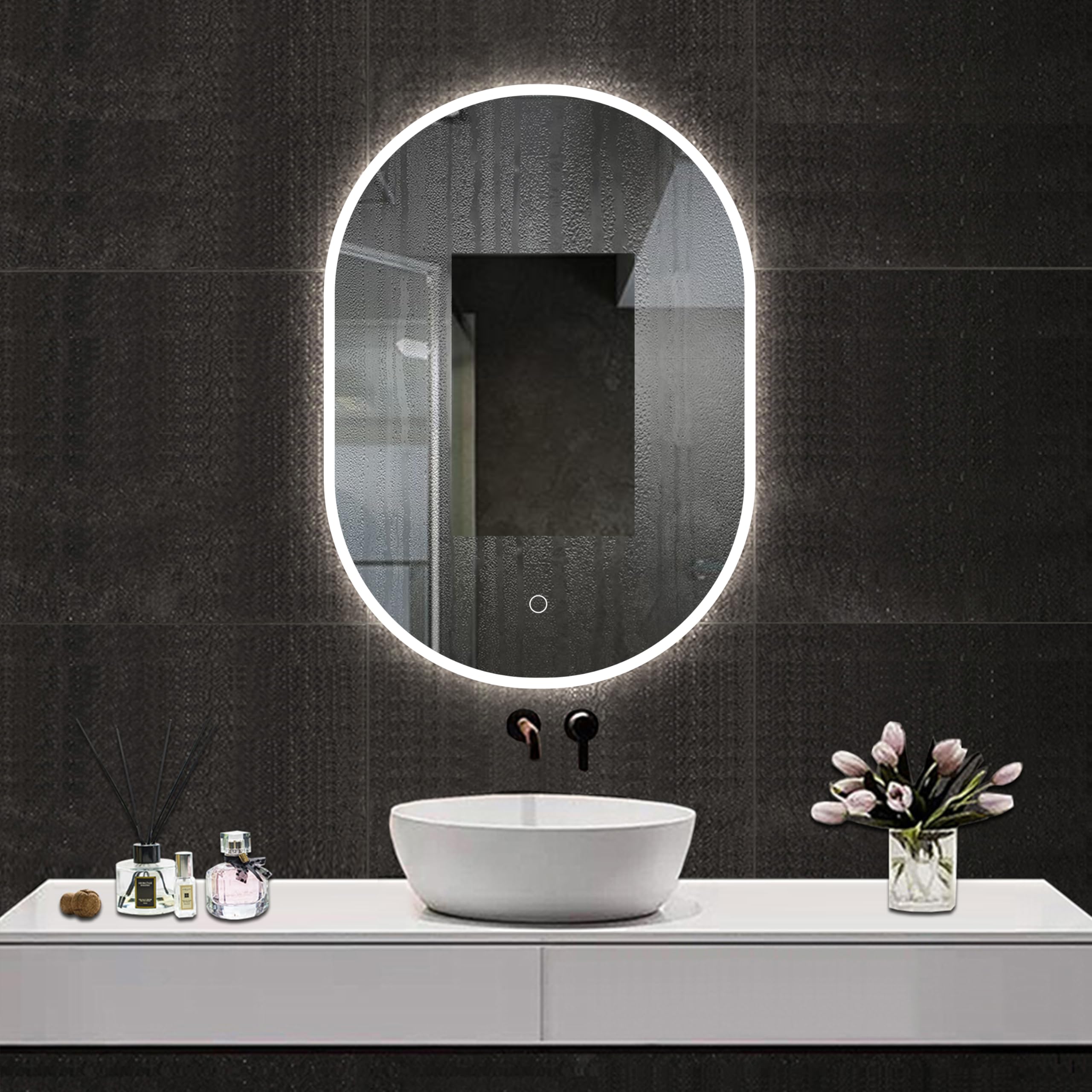 AICA Espejo de baño con luz Blanca,40 x 80 cm, Ovalado,con función antivaho, Brillo Ajustable, función de Memoria agapada.Se Puede Colgar en Horizontal o en Vertical.