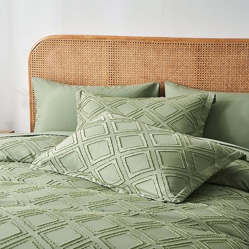 Miniatura 4 de Davulos Juego de edredón tamaño King de 7 piezas en una bolsa, juego de edredón y sábanas copetudos verde salvia, juego de cama con textura de