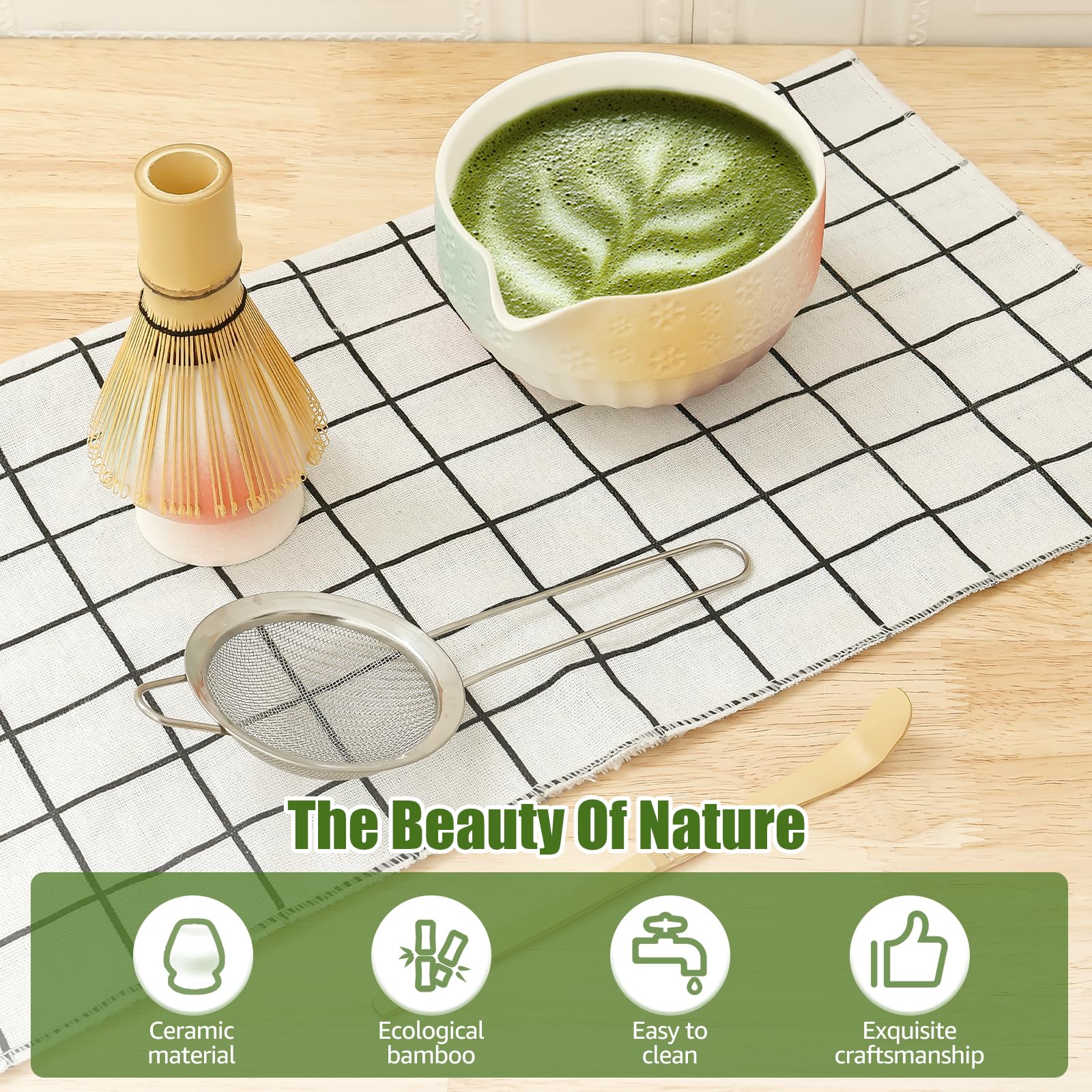 Set da 5 pezzi Matcha Unique Matcha Kit con Scoop Sifter Bowl Whisk e supporto pratico Tea Making Tool per donne e uomini uso domestico