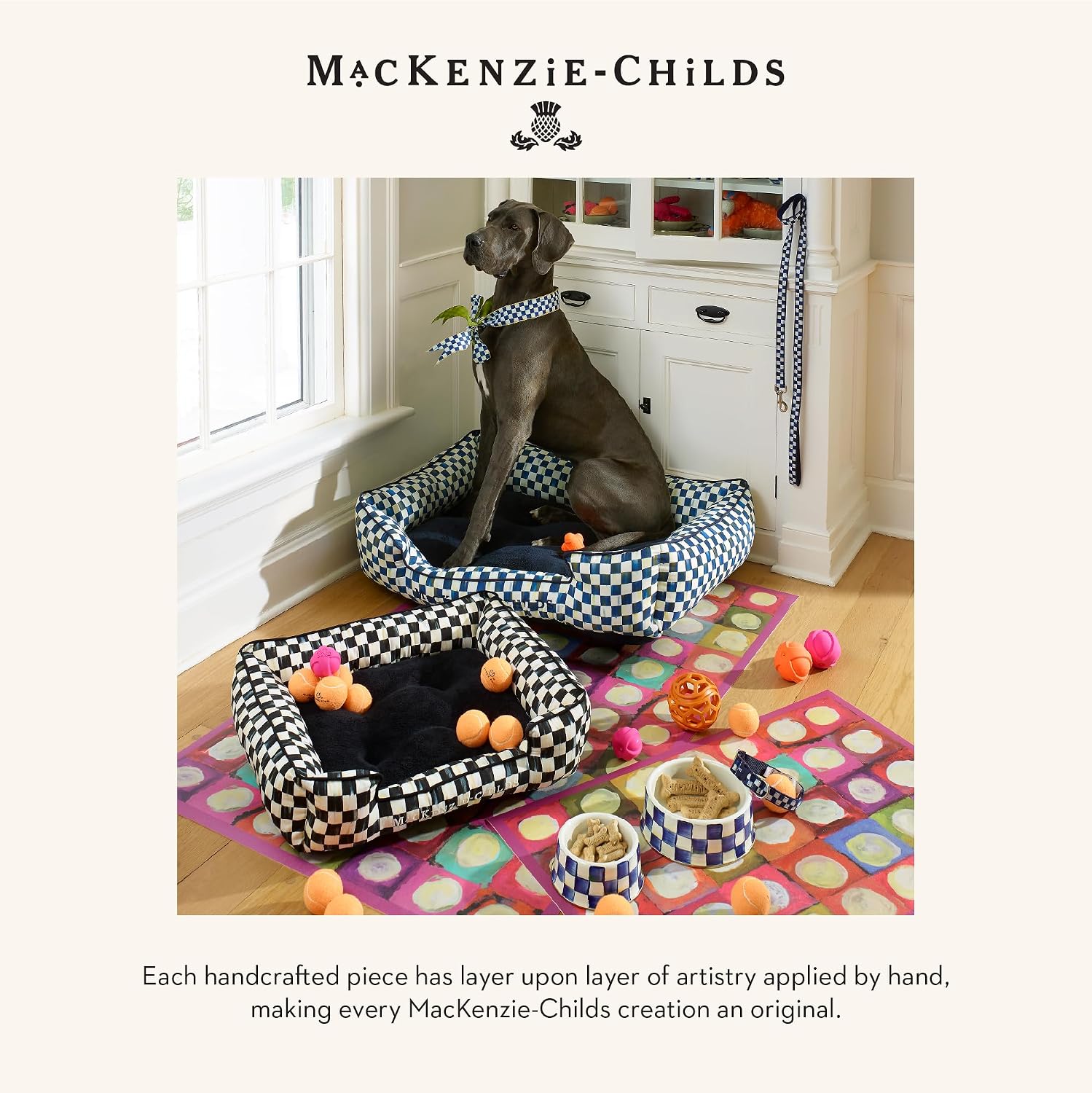 MACKENZIE-CHILDS Pet Bowl, Cute Cat and Dog Bowl for Food and Water, Blue-and-White Royal Check, Small