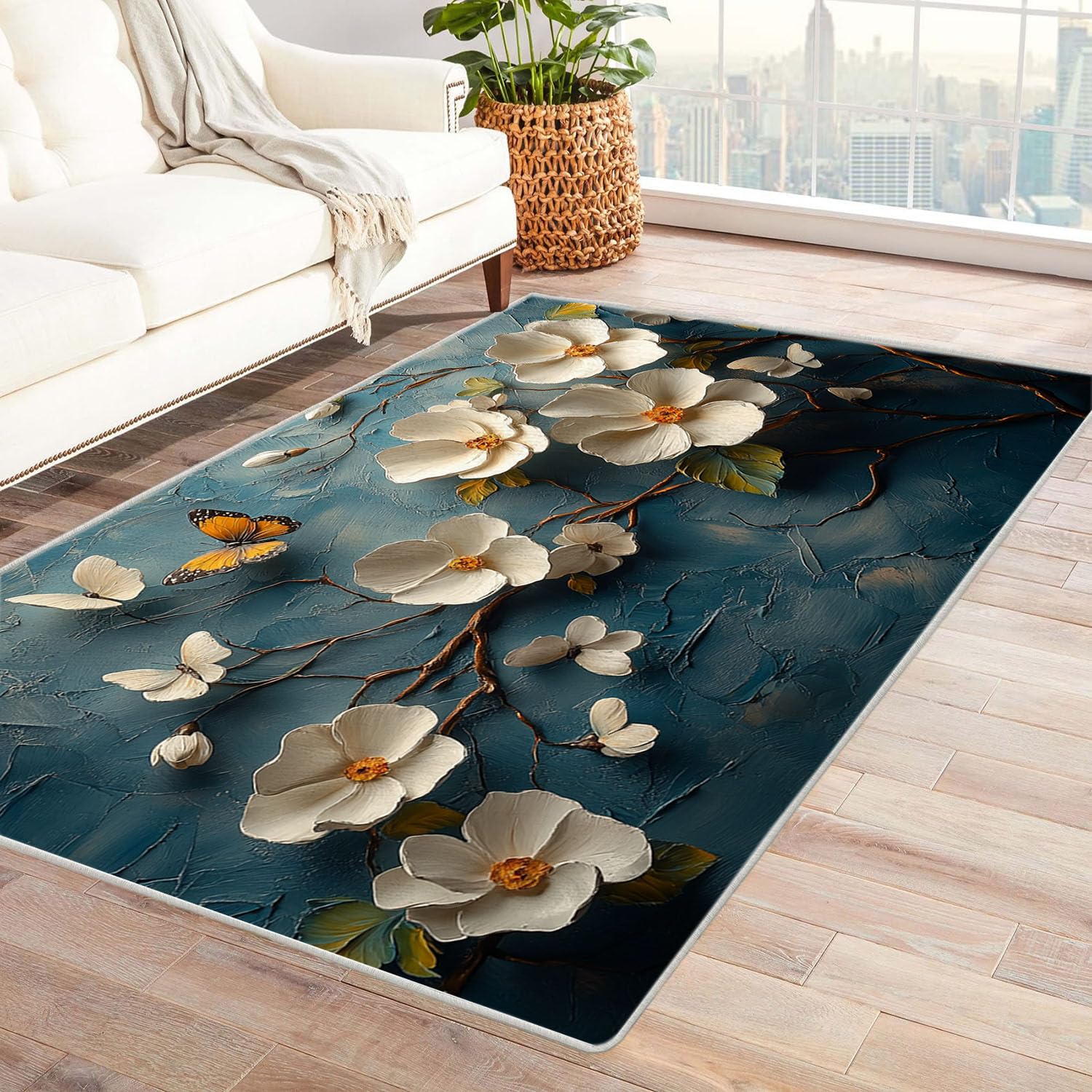 Tapis visuel 3D grand carpette de salon bleu brume motif fleurs 60x90cm