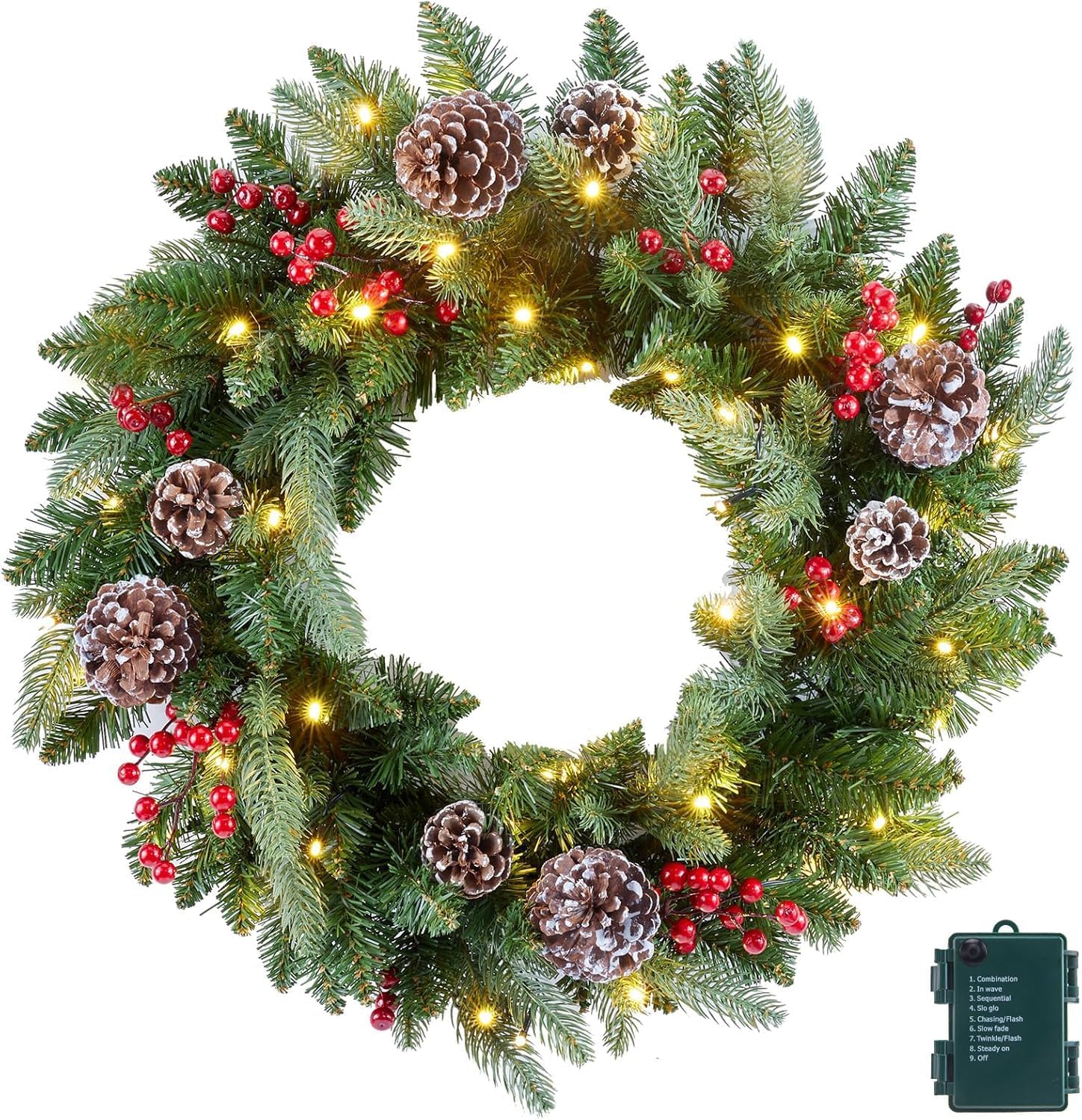 24 Inch Prelit Christmas Wreath, Artificial Christmas Wreath for Front Door with LED Lights, Pine Cones, Pine Needles, and Red Berries, Reef for Door Window Mantel Indoor/Outdoor Home Decoration H76780-02