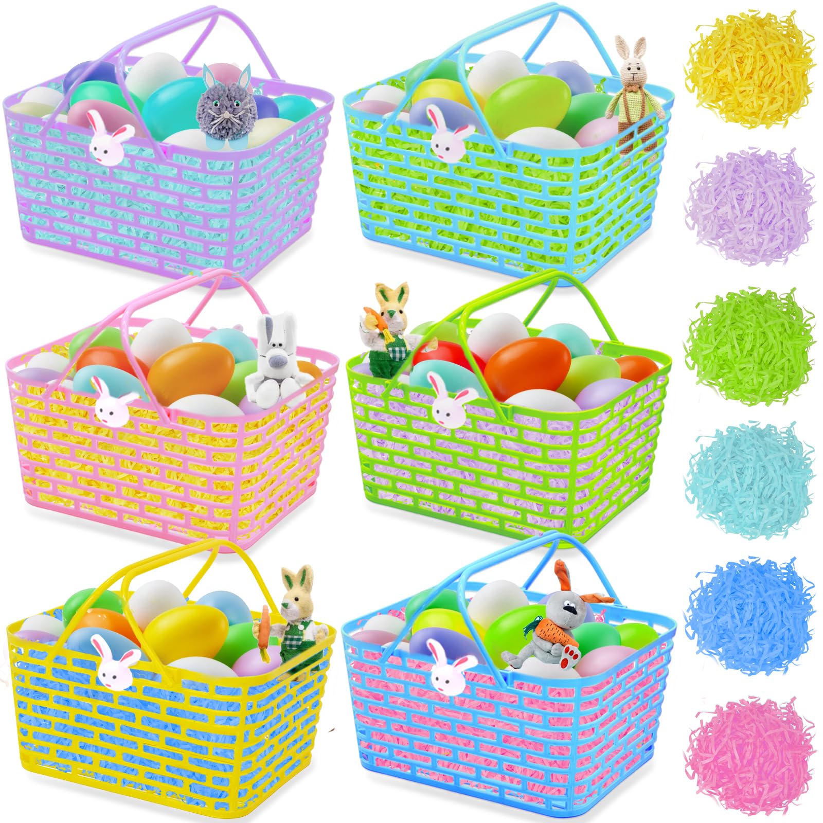 6 Pack Easter Bunny Baskets With Grass - 7.7 Inch Plastic Baskets, 6 Colors, For Egg Hunts & Party Favors - View #13