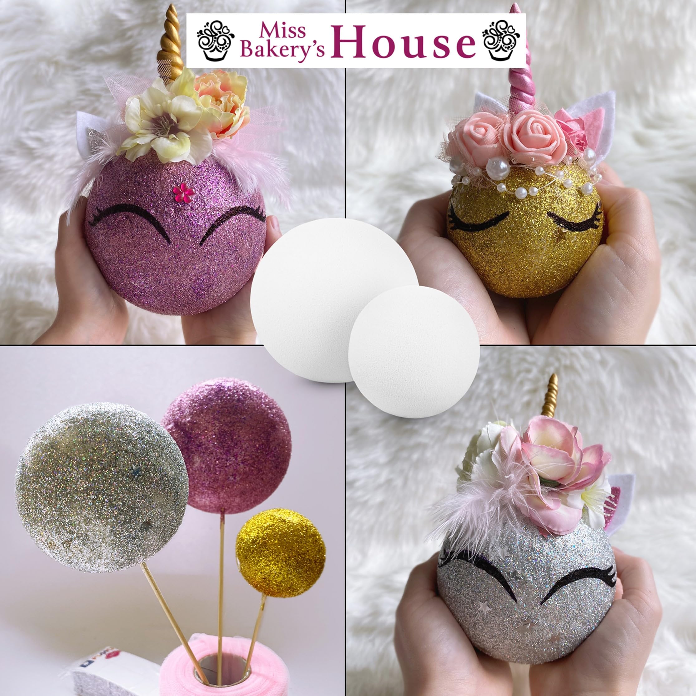 Miss Bakery's House Palline di polistirolo – Set completo – 100 pezzi – 1 x 10, 2 x 8, 2 x 6, 4 x 5, 10 x 4, 36 x 3, 42 x 2 – Set creativo fai da te – Palla di polistirolo – Vuoto – Feltro – Découpage