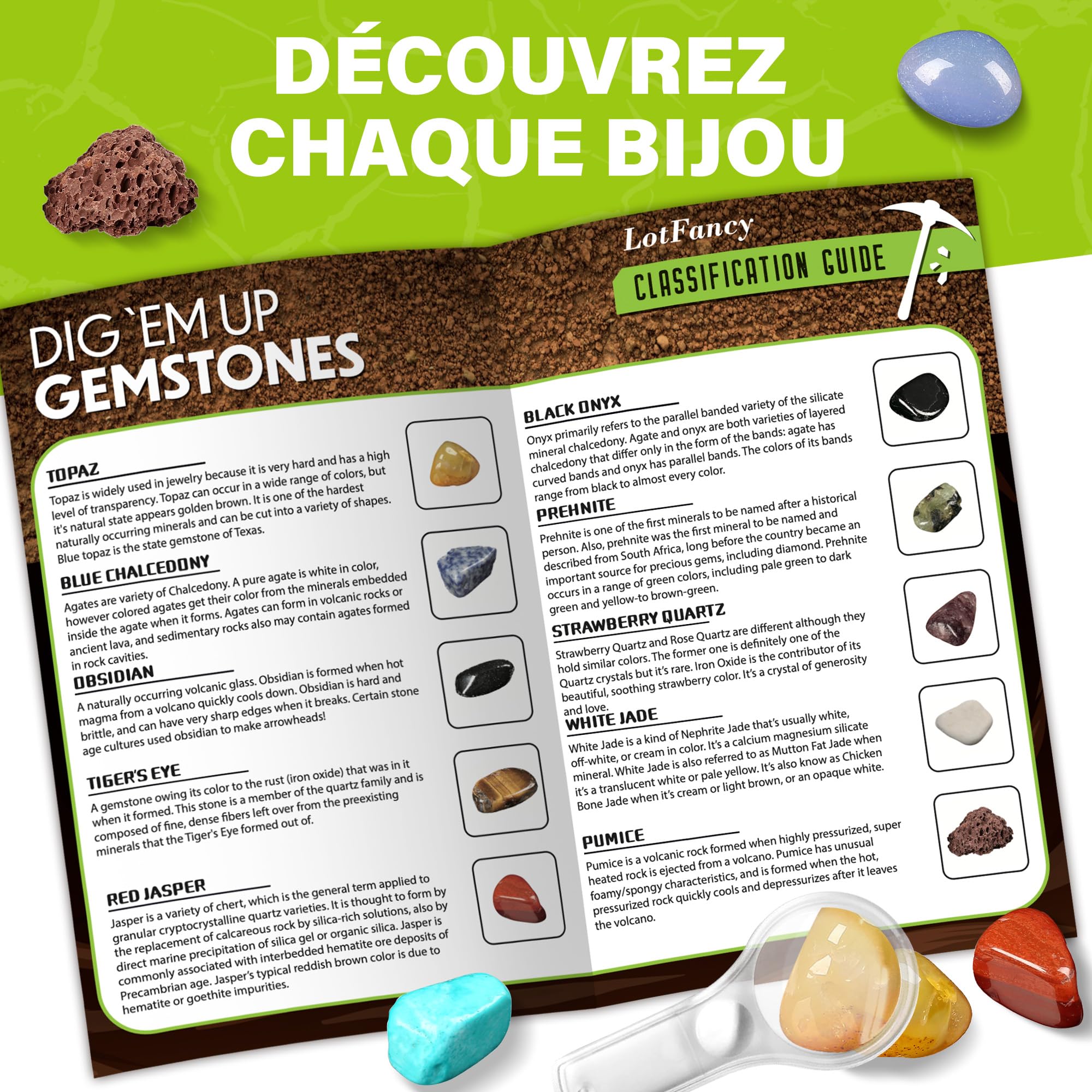 LotFancy Kit de Fouille de Pierres Précieuses - 20 Vraies Gemmes, Kit Scientifique pour Enfants 6-10 Ans, Cadeau Garçons Filles