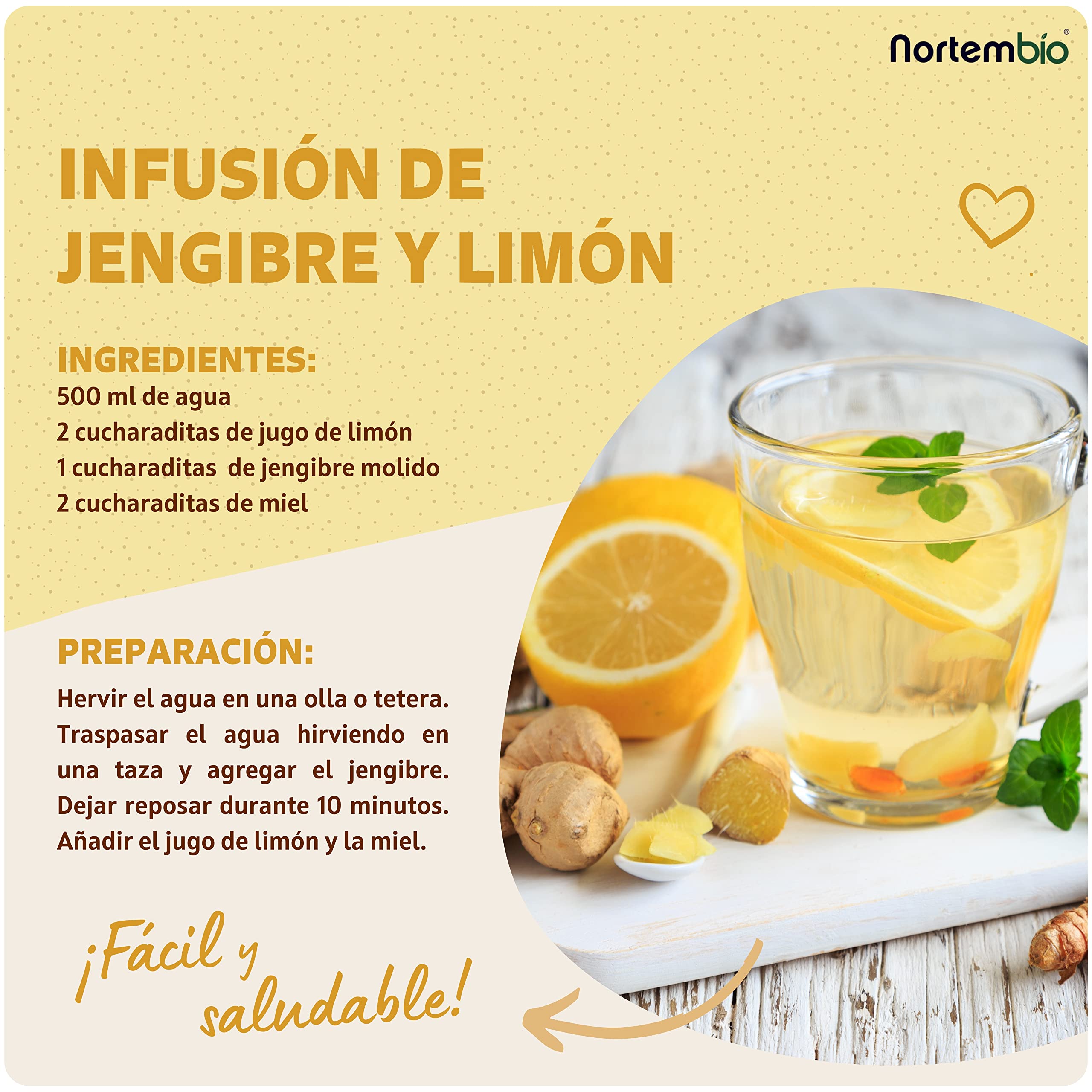 Nortembio Jengibre Ecológico en Polvo 100 g. Origen 100% Natural. Especial para Infusiones. Jengibre Seco Molido Sin Aditivos ni Conservantes, Vegano y Sin Gluten. E-Book con Recetas Incluido.