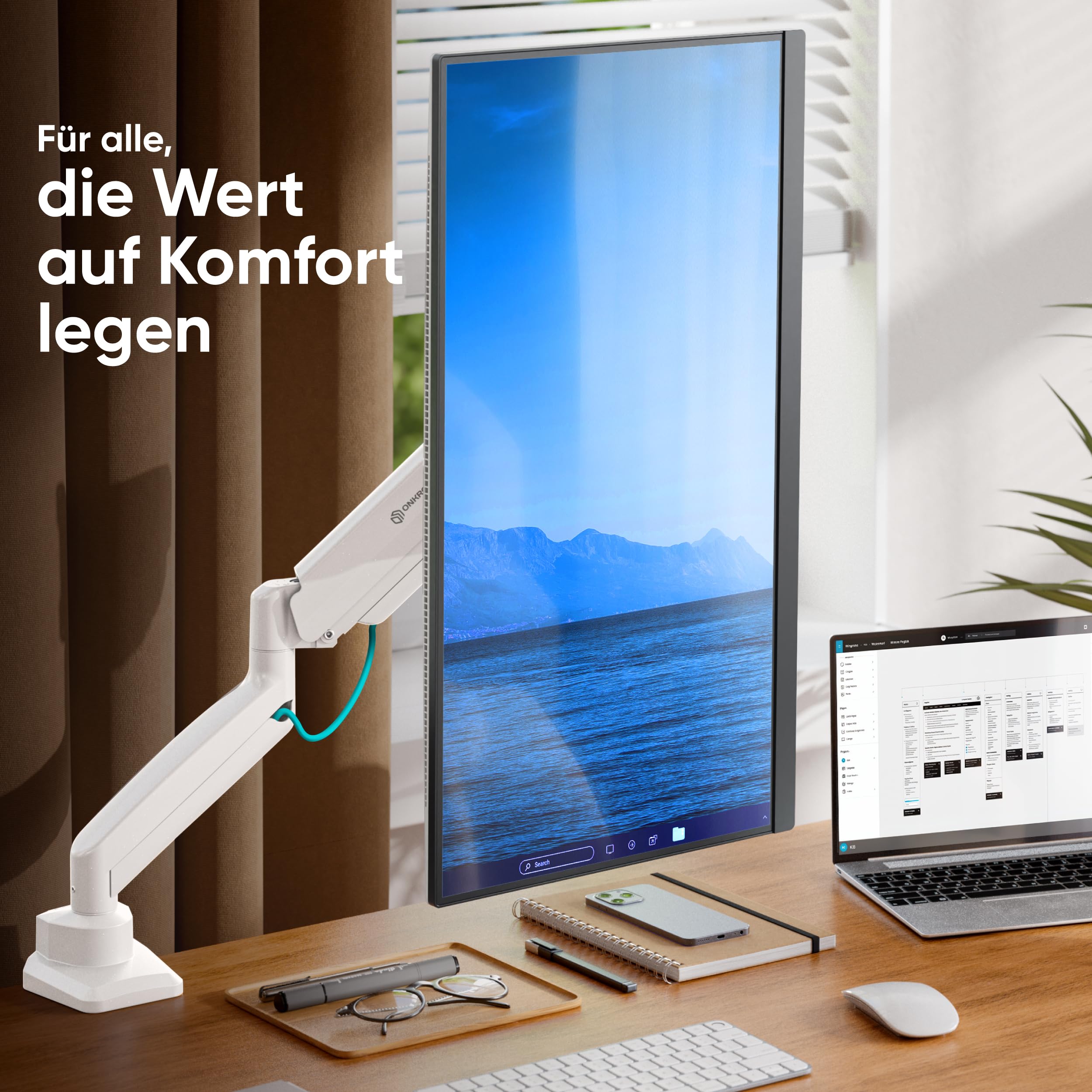 ONKRON Monitor Halterung für 13-32 Zoll Bildschirm bis 10 kg, Gasdruckfeder Arm, Bildschirmhalterung mit Schnellwechsel-VESA 75x75 & 100x100, Höhenverstellbar Schwenkbar Drehbar, Weiß G80-BW