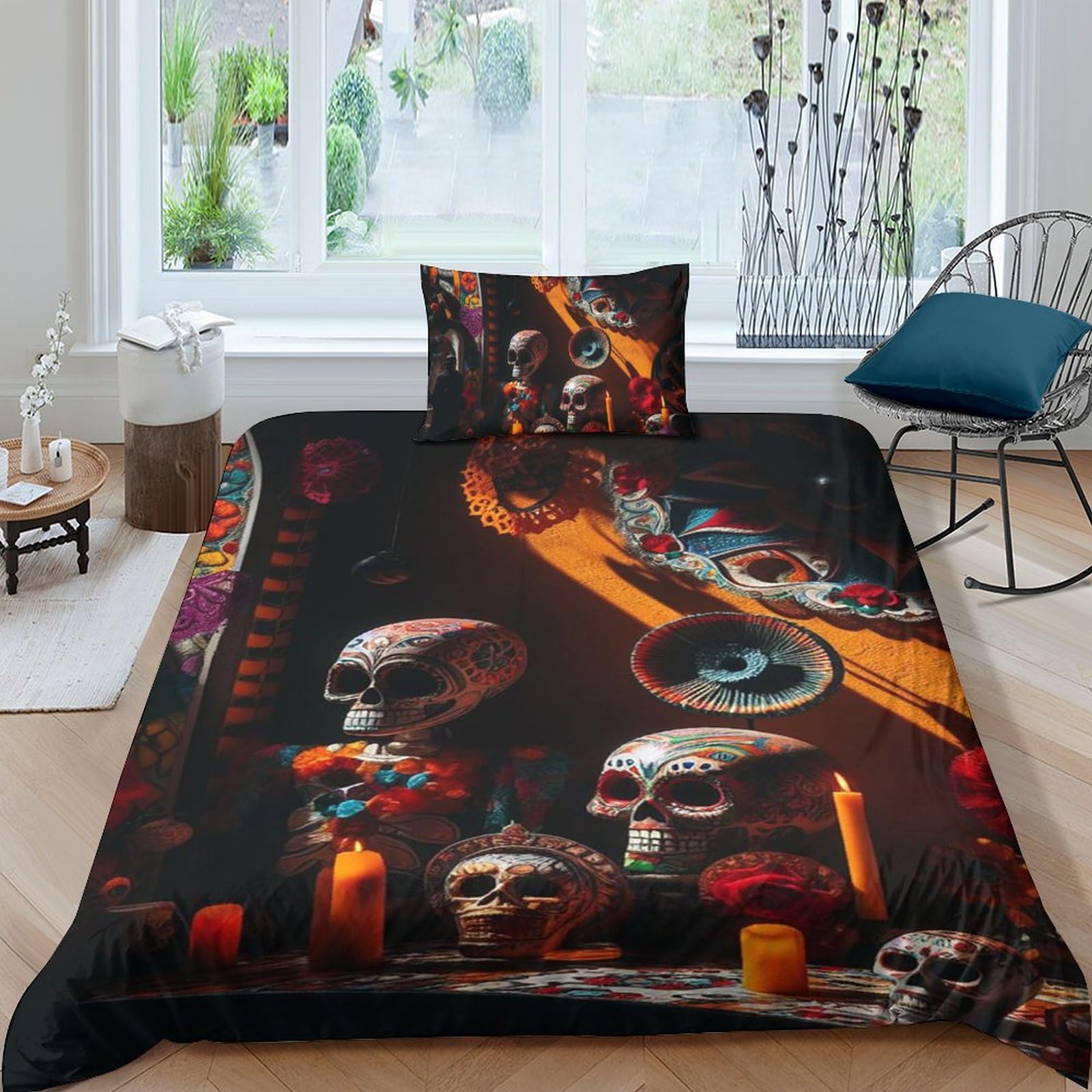 Housse de couette skulls colourful paintings et taies d'oreiller microfibre égyptienne