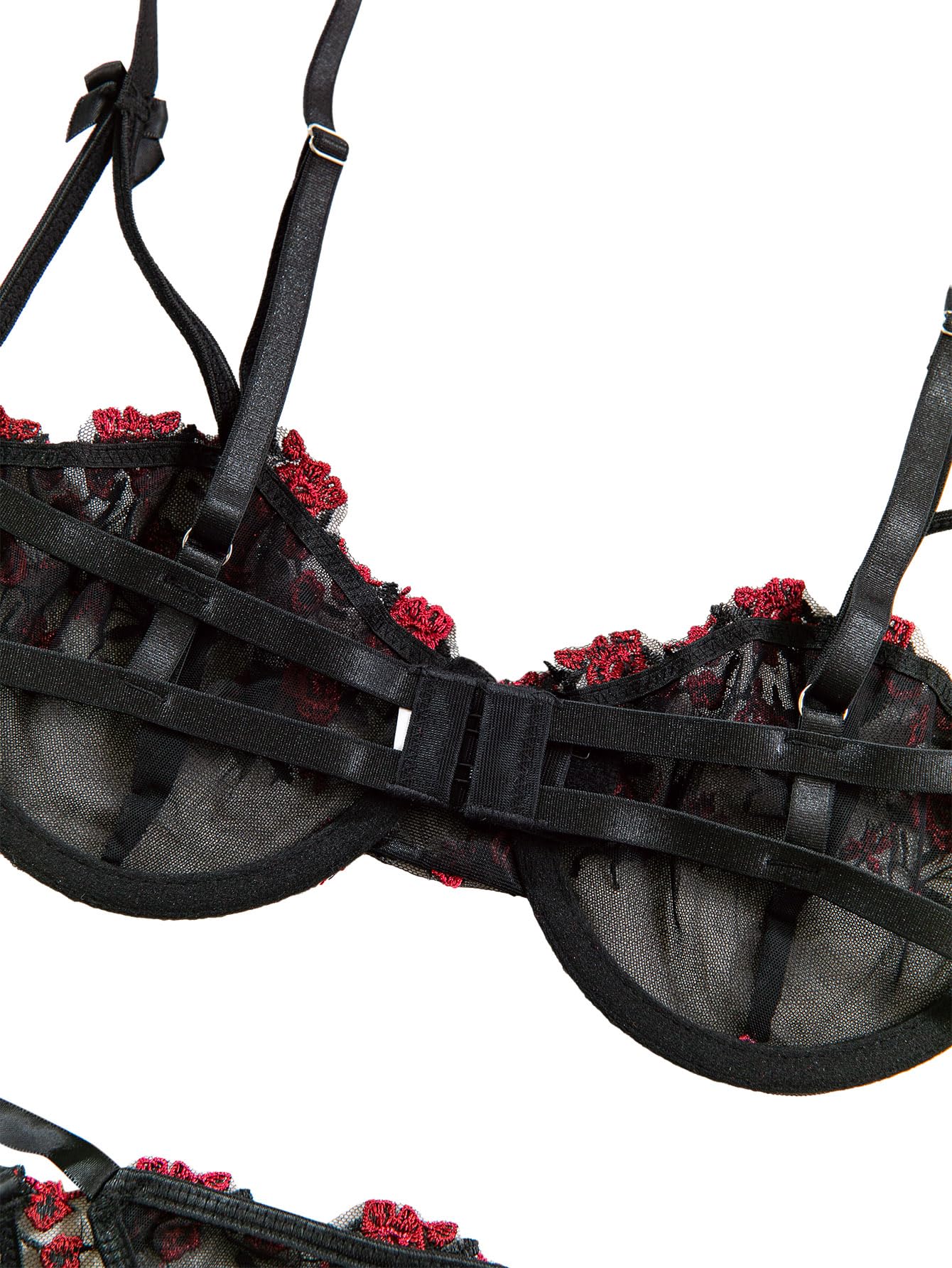 Lilosy Sexy Tie Side Cute Underwire Push Up Strappy Embroidered Mesh Sheer Lingerie Set: Bow Large Bow Floral Black Red