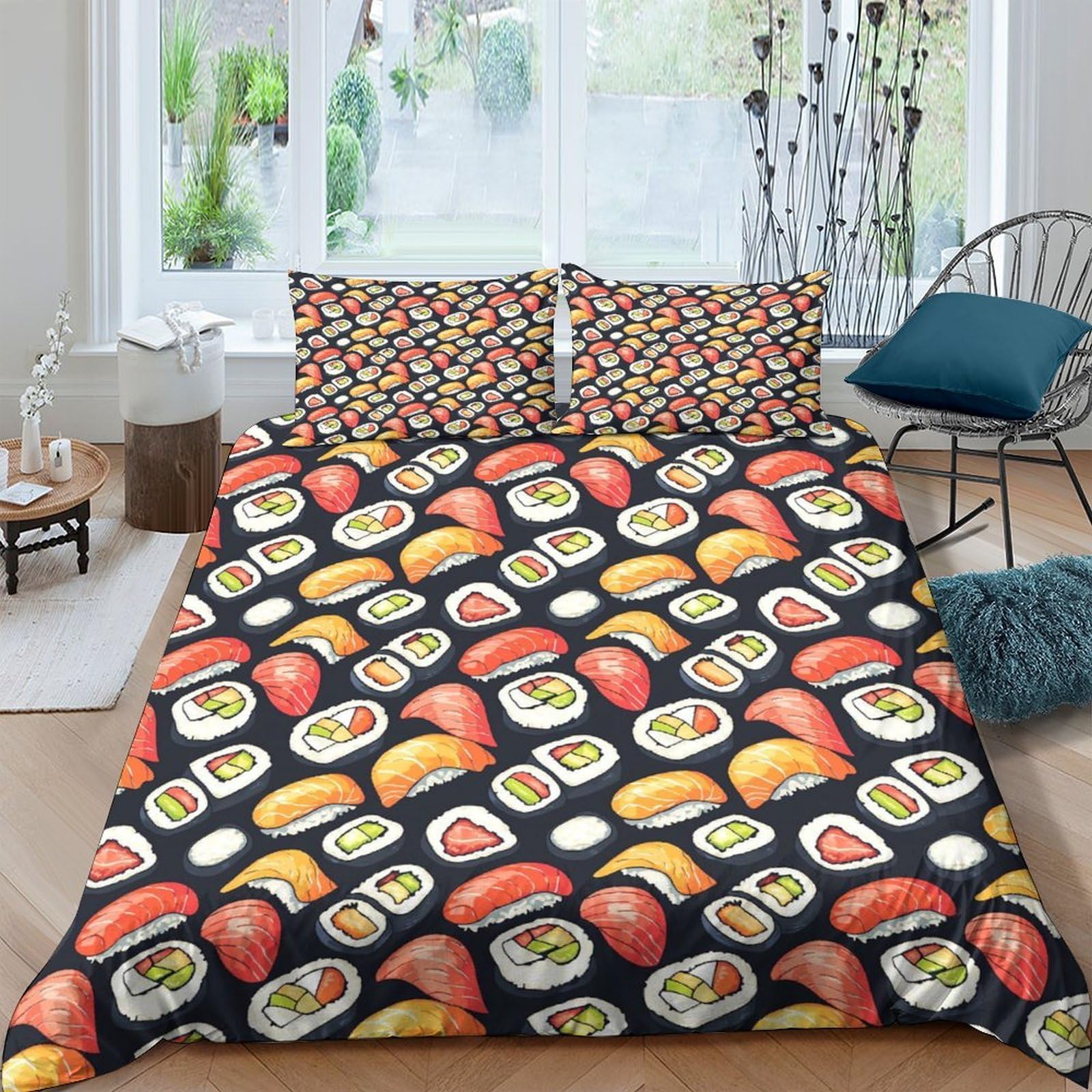 Ctjqhvkz Style-7 3D Printed Sushi Pattern Fitted Sheet Microfiber Soft Breathable Japanese Food Bed Cover For Bedroom Dorm Mattress Decor Single（135X200cm）