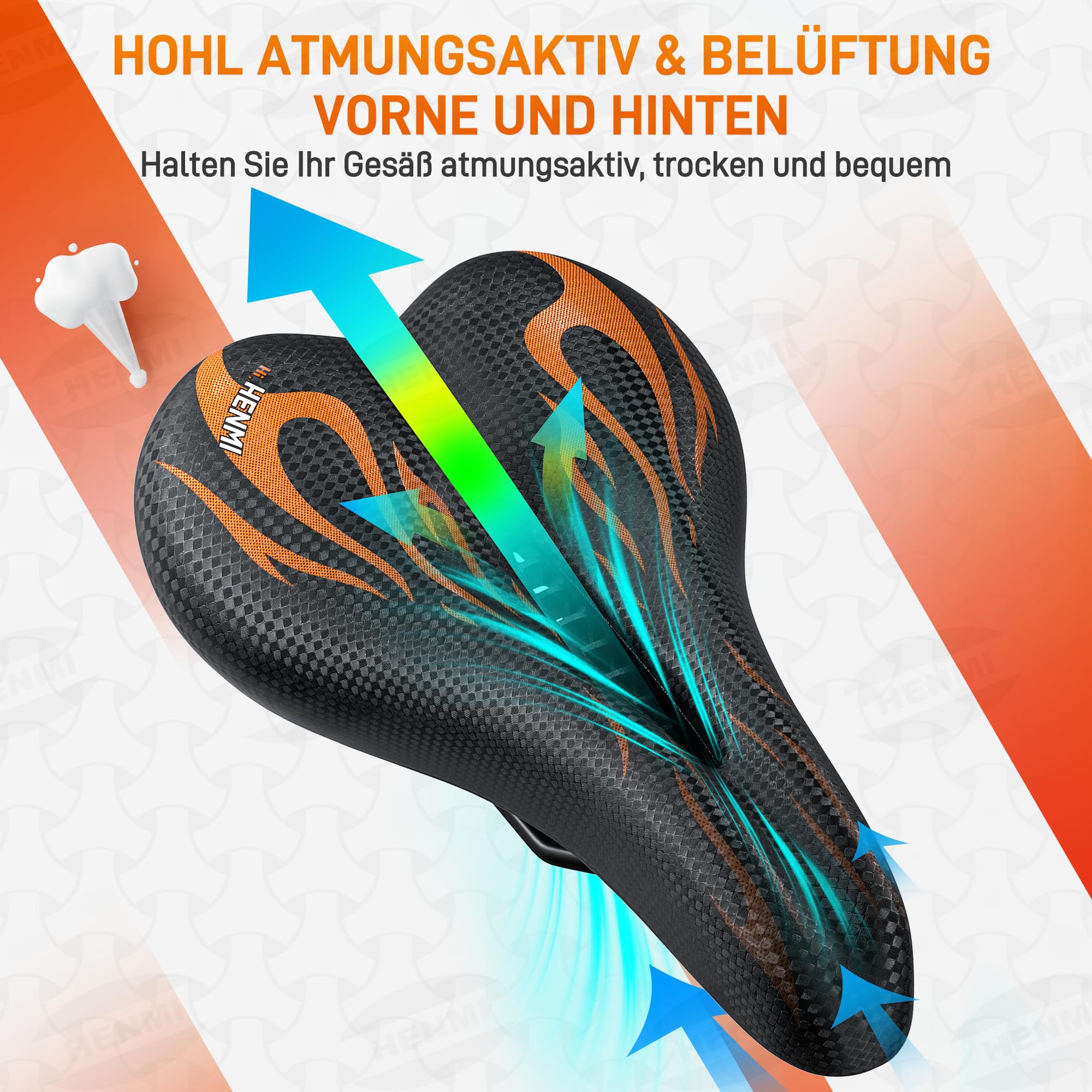 HENMI Selle de vélo pour homme et femme - Douce, confortable, respirante - Absorbe les chocs - Ergonomique - Pour VTT, trekking, vélo électrique