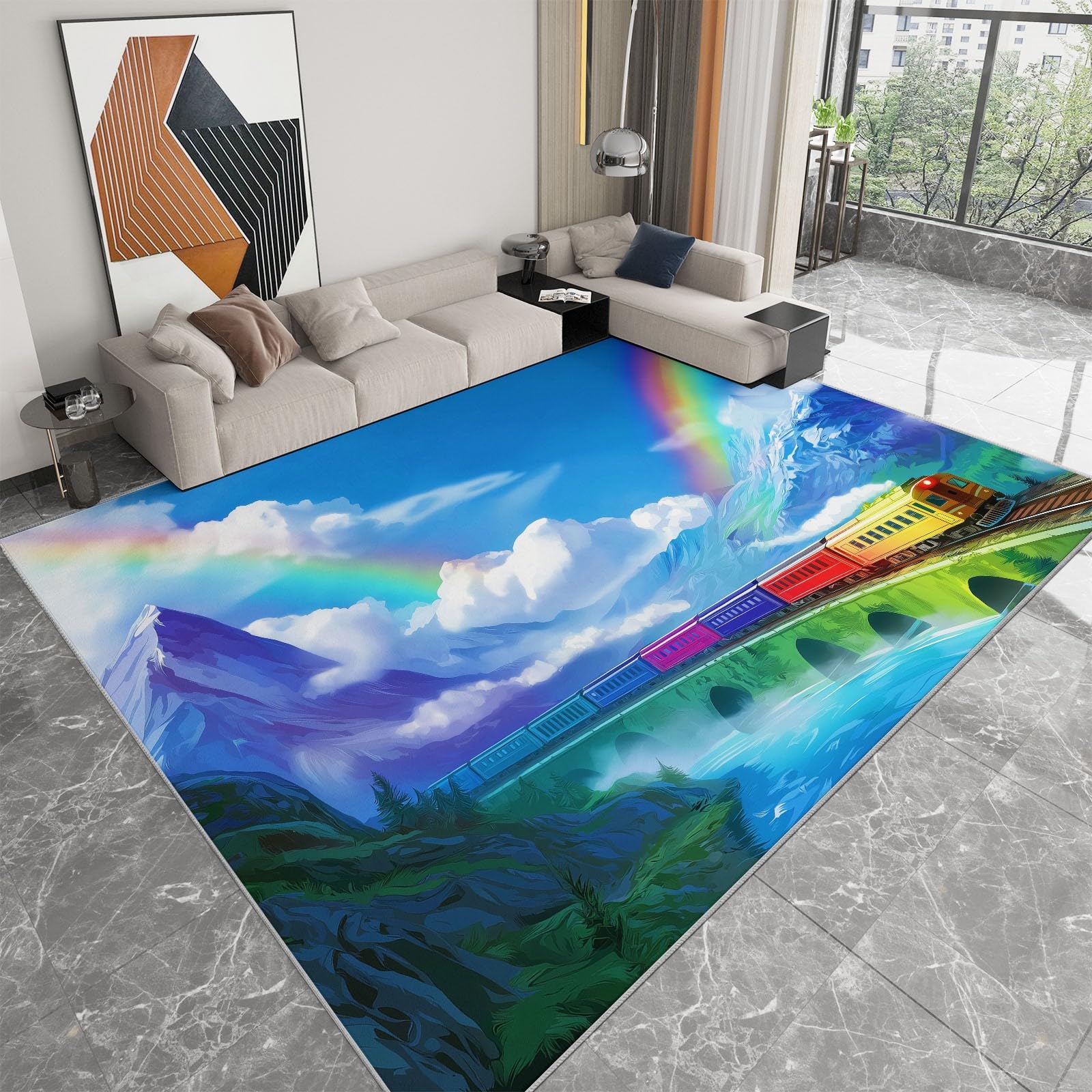 Alfombra lavable antideslizante 80 x 150 cm arte de juego, alfombra de pelo corto libro infantil ilustrado arcoíris tren para salón dormitorio oficina o habitación infantil corredor fácil de limpiar